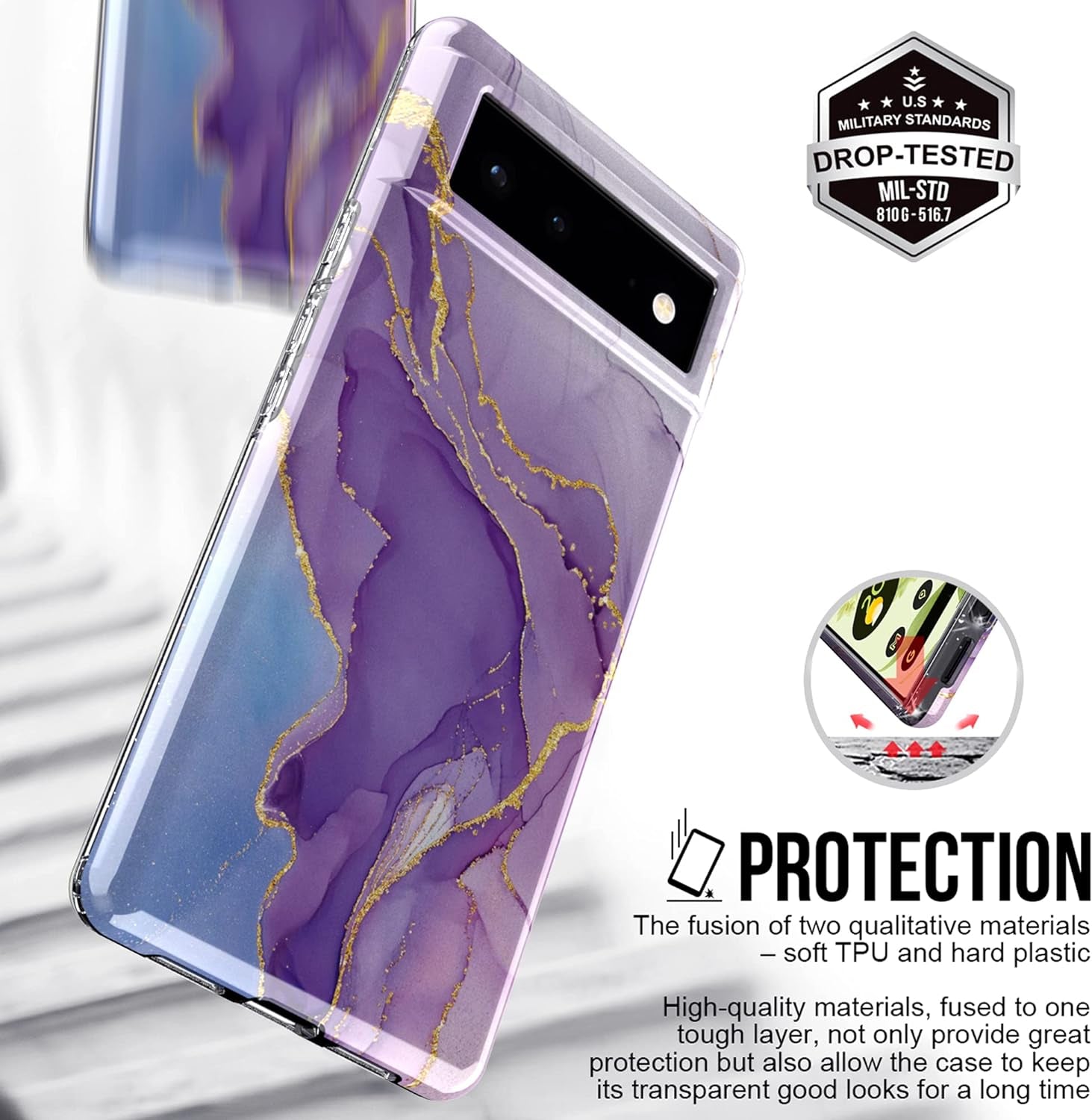 BAISRKE Google Pixel 6 Pro Case, Marble Shockproof Protective Shiny Hard PC Soft Silicone Cover Shockproof Rugged Sturdy Case for Pixel 6 Pro 6.7 Inches (2021) - Purple  BAISRKE   