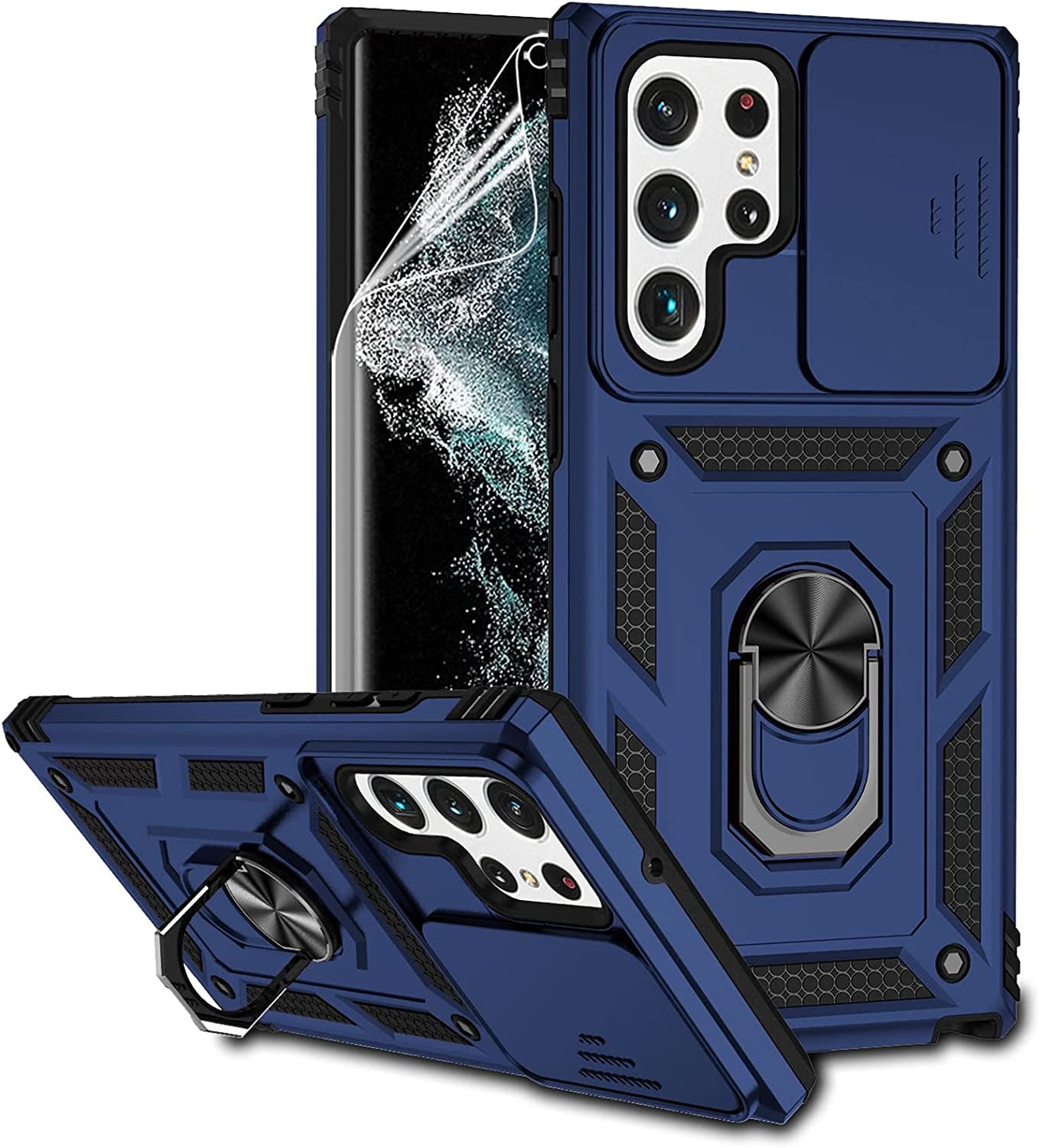 For Samsung Galaxy S22 Ultra Case with Camera Lens Cover HD Screen Protector, Military-Grade Drop Tested Magnetic Ring Holder Kickstand Protective Phone Case for Samsung Galaxy S22 Ultra 5G (Purple)  JINZHI Inc Navy Blue With Camera Cover Military-Grade 2Nd Gen  