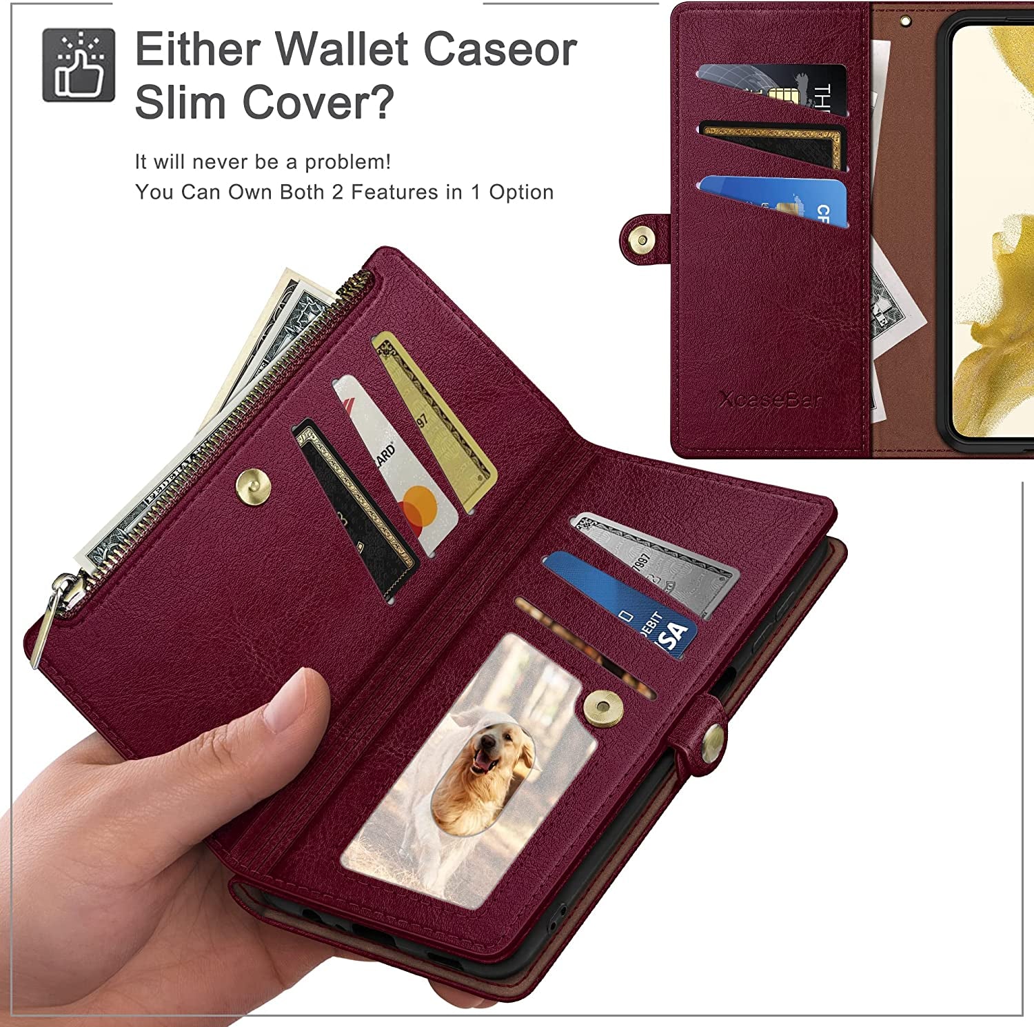 Xcasebar for Samsung Galaxy S21 Wallet Case with Zipper Credit Card Holder【Rfid Blocking】, Flip Folio Book PU Leather Phone Case Shockproof Cover Women Men for Samsung S21 Case Wine Red  XcaseBar   