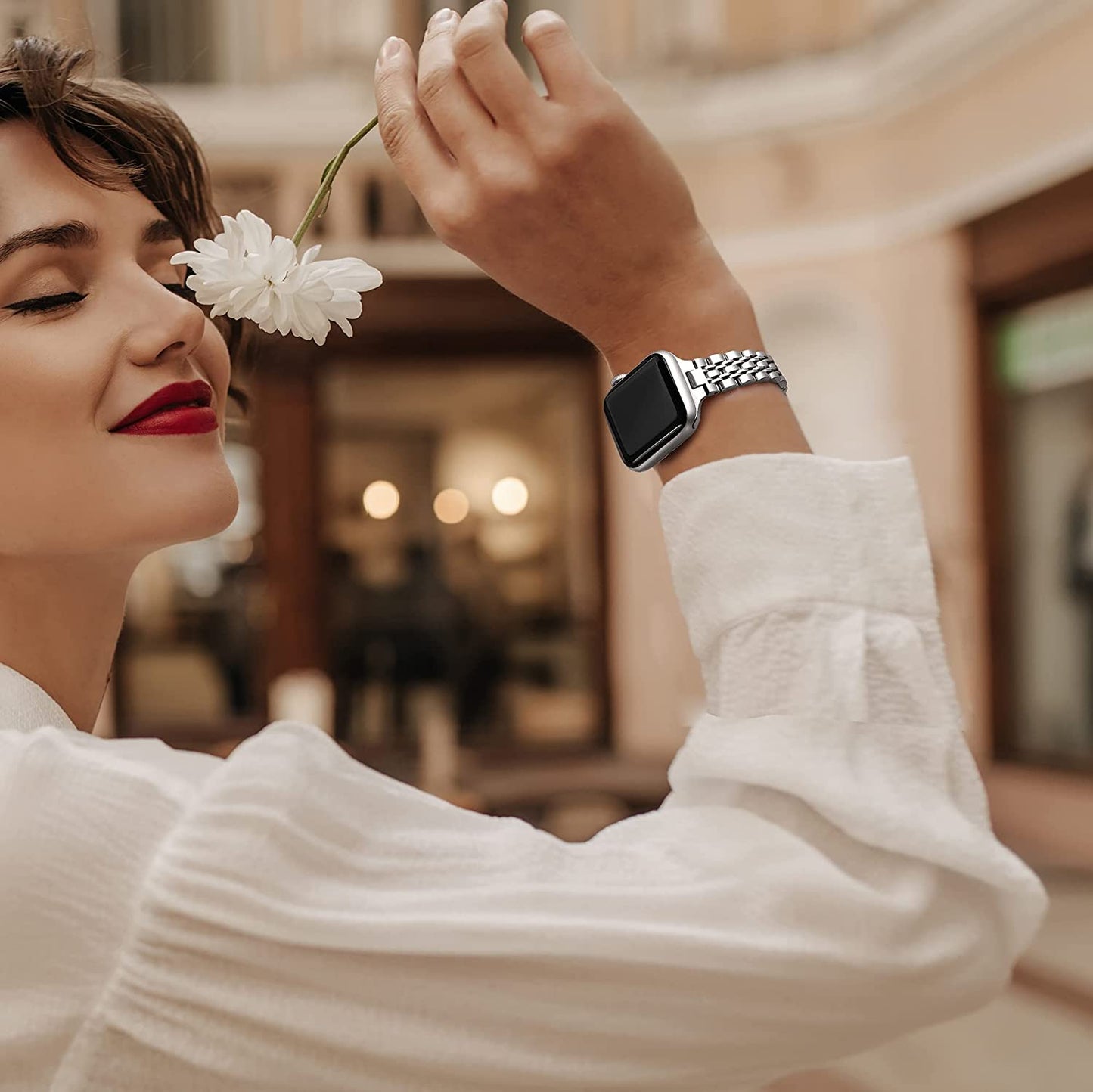 Secbolt Stainless Steel Slim Bands Compatible with Apple Watch 38Mm 40Mm 41Mm Iwatch Series 8/7/6/5/4/3/2/1/SE, Thin Bracelet for Women, Silver  Secbolt   