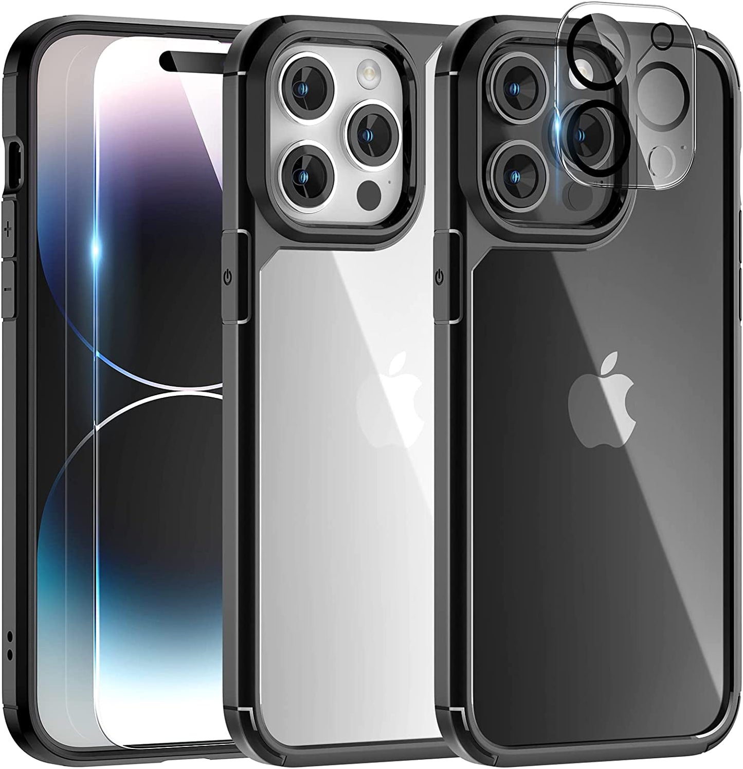 TAURI 5-In-1 for Iphone 14 Pro Case Clear, [Not Yellowing] with 2X Screen Protectors + 2X Camera Lens Protectors, [Military Grade Drop Protection] Shockproof Slim Phone Case for Iphone 14 Pro  TAURI Black  