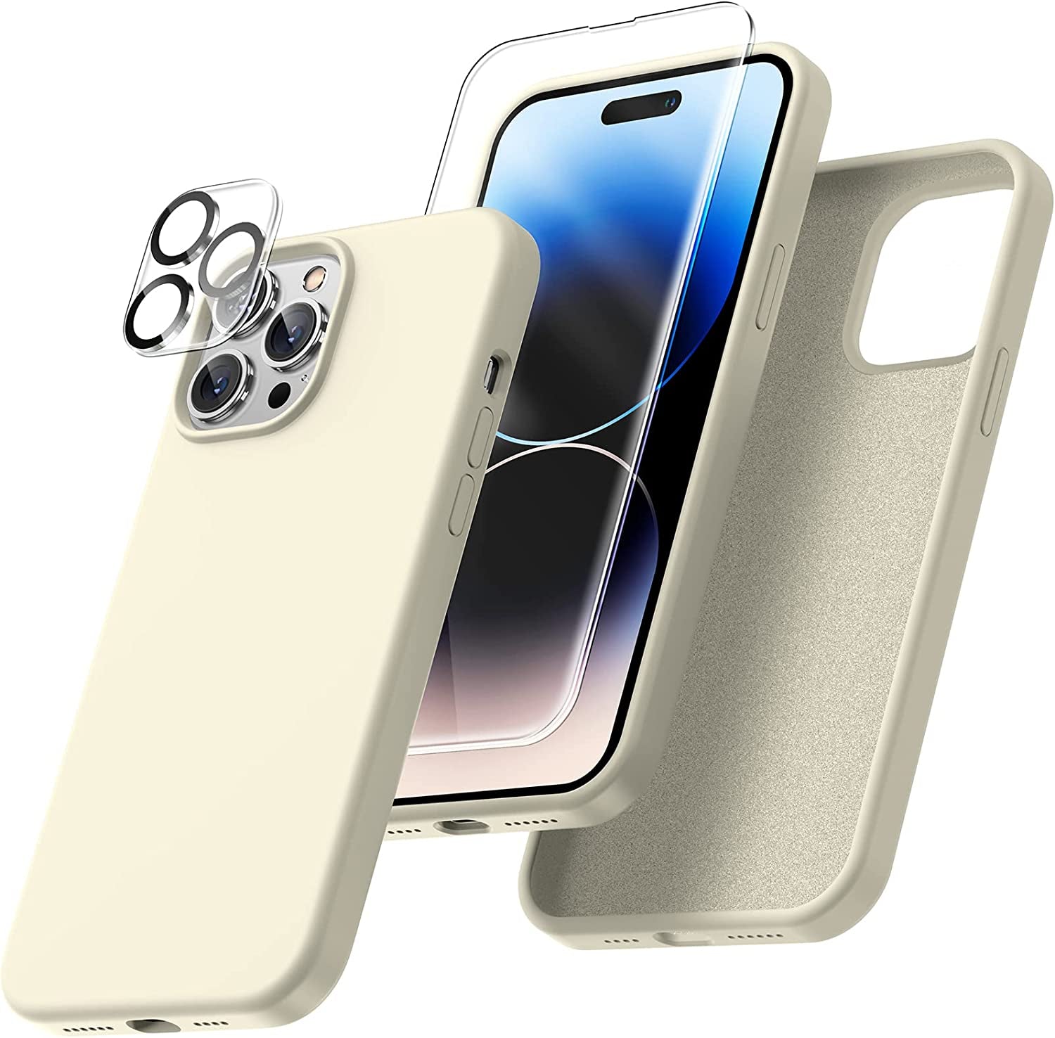 Uyiton [5 In1] Liquid Silicone Iphone 12 PRO Max Case, [Drop Protection] [Full Covered] Shockproof Slim Thin Cover with Microfiber Lining, with 2Xscreen Protector +2Xcamera Lens Protector-Green  Uyiton 14Pm-Champagne Iphone 14 Pro Max 