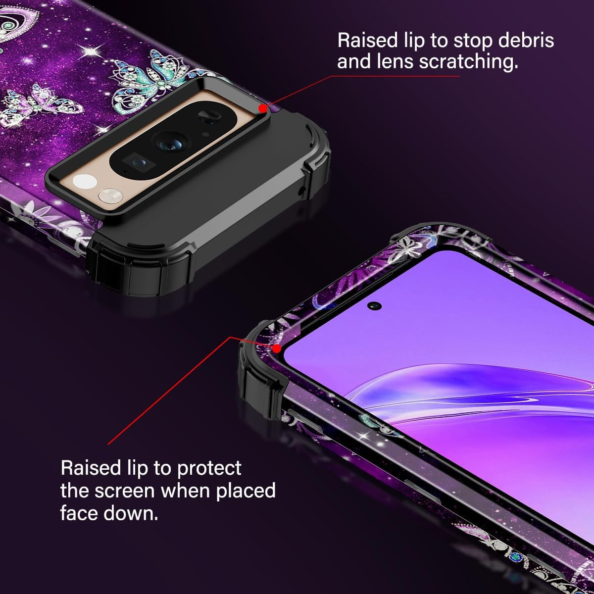 Rancase for Google Pixel 8 Pro Case,Three Layer Heavy Duty Shockproof Full Body Protection Hard Plastic Bumper+Soft Silicone Rubber Protective Girls Case for Google Pixel 8 Pro 6.7 Inch,Butterfly  Rancase   