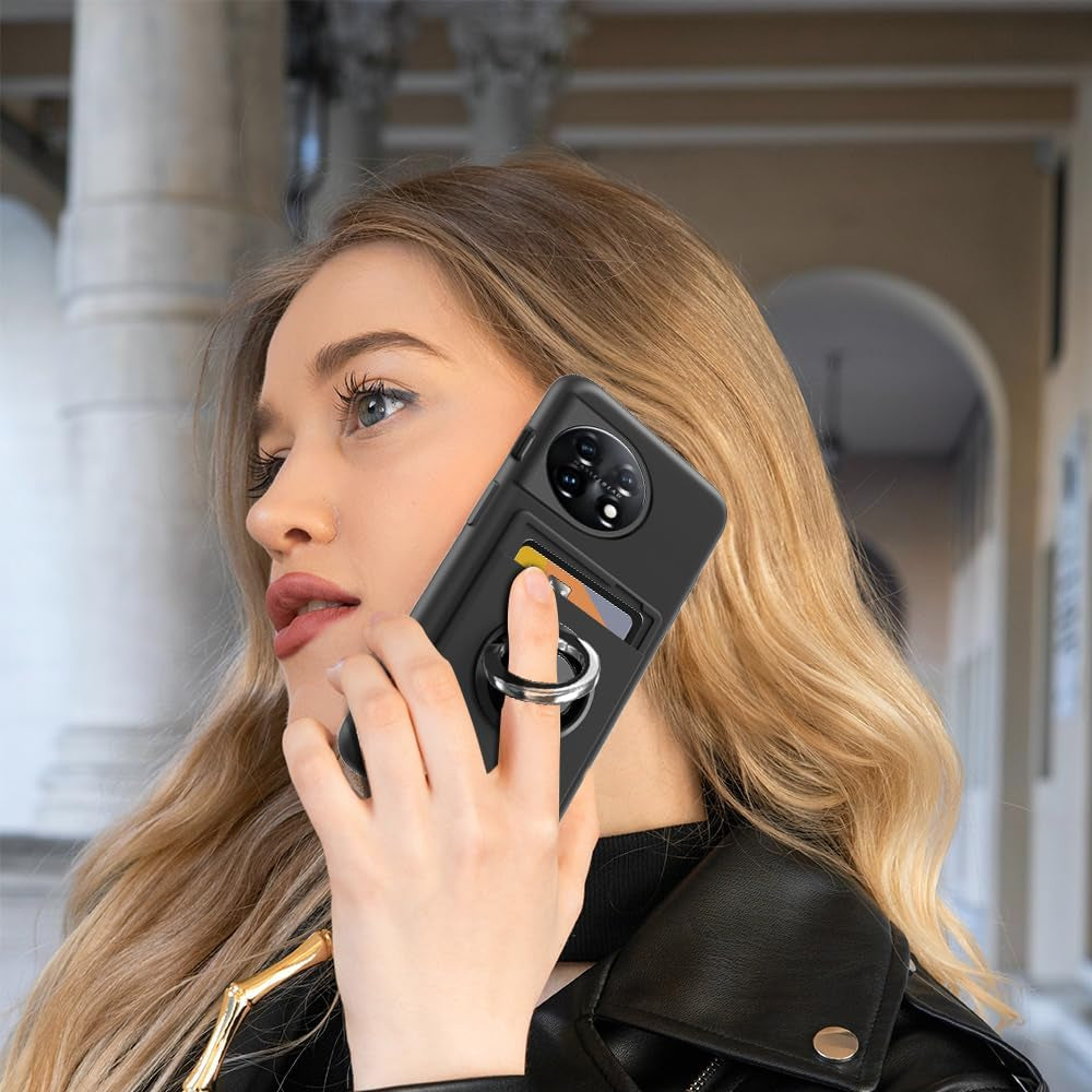 Anneey for Oneplus 11 5G Phone Case with Tempered Glass Screen Protector, Card Holder with Ring Stand Case for 1+ 11 5G Cover - Black  Anneey   