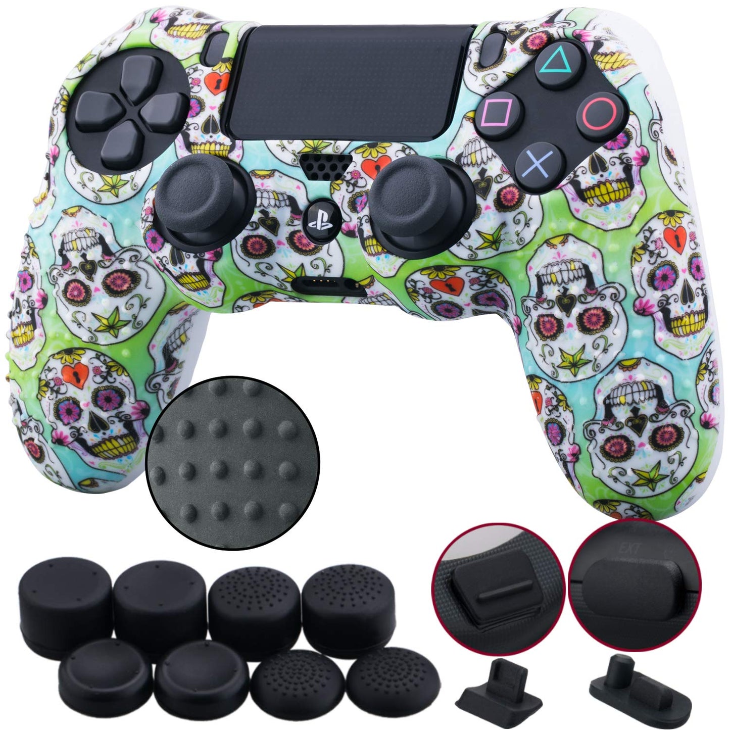 9Cdeer 1 Piece of Silicone Studded Water Transfer Protective Sleeve Case Cover Skin + 8 Thumb Grips Analog Caps + 2 Dust Proof Plugs for Ps4/Slim/Pro Dualshock 4 Controller, Skull Red  9CDeer Skull Colour print 
