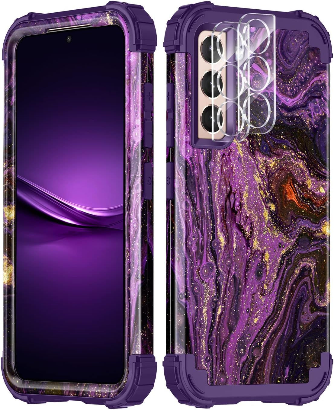 Casetego for Galaxy S21 5G Case,Floral Three Layer Heavy Duty Sturdy Shockproof Soft Tpu+Hard PC Protective Cover Case for Samsung Galaxy S21 5G 6.2 Inch,Orange/Black  Casetego Purple Marble  