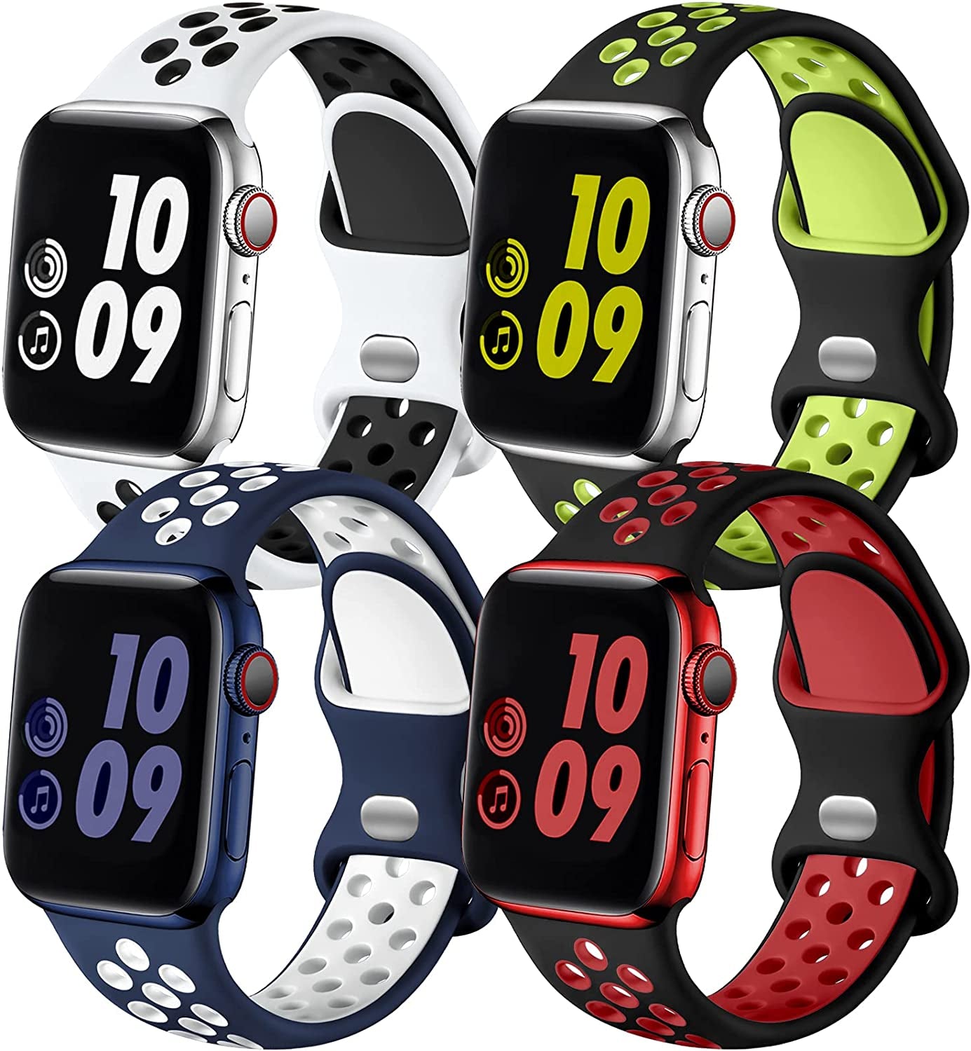 Adorve 4 Pack Sport Bands for Apple Watch 49Mm 41Mm 40Mm 38Mm 45Mm 44Mm 42Mm for Women Men, Durable Breathable Soft Silicone Replacement Wrist Strap for Iwatch Ultra SE Series 8 7 6 5 4 3 2 1, S/M M/L  Adorve BlueWhite/WhiteBlack/BlackRed/BlackYellow 42mm/44mm/45mm/49mm S/M 