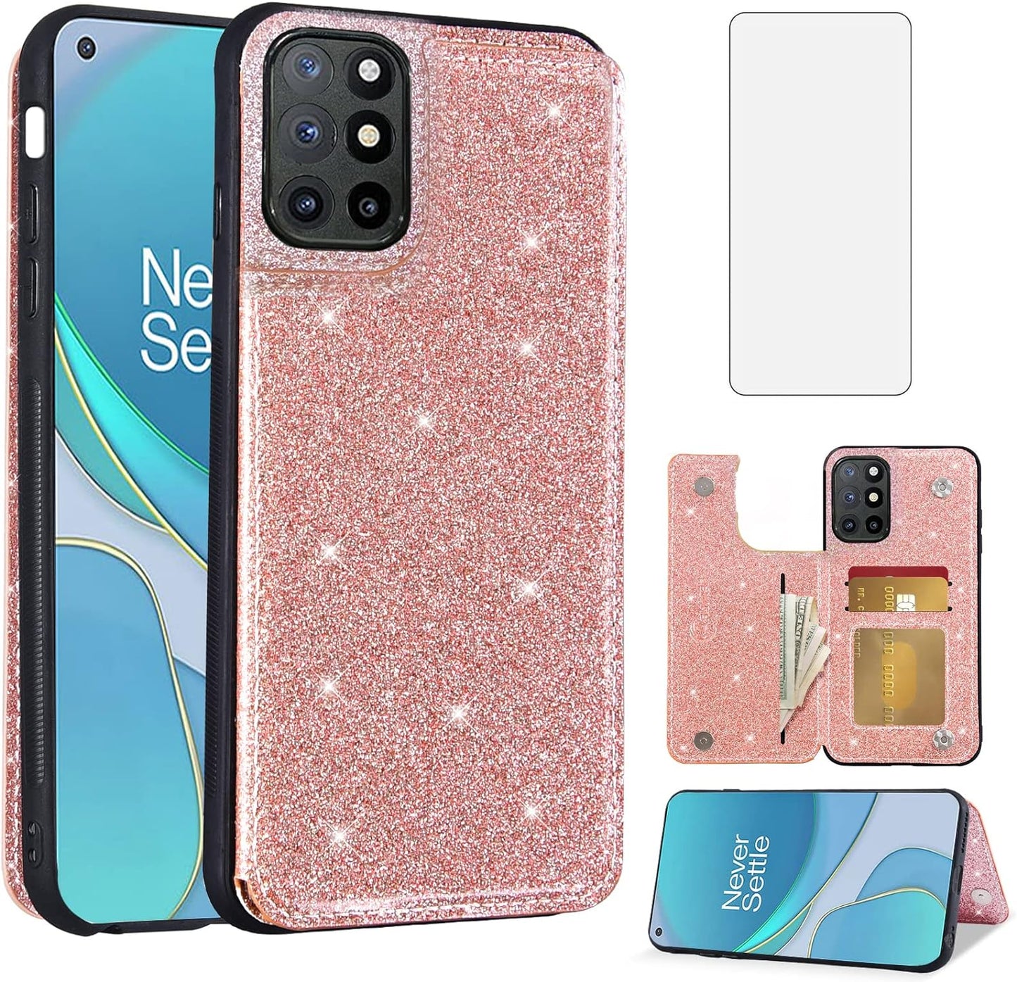 Asuwish Phone Case for Oneplus 8T Oneplus8T plus 9R 5G Wallet Cover with Screen Protector and Card Holder Bling Glitter Cell One Plus8T5G on + 1 plus 8Tplus 1Plus 8T+ One+ T8 1+ 1+8T Pro G5 Rose Gold  Asuwish Rose Gold  