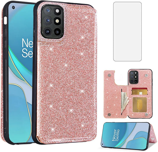 Asuwish Phone Case for Oneplus 8T Oneplus8T plus 9R 5G Wallet Cover with Screen Protector and Card Holder Bling Glitter Cell One Plus8T5G on + 1 plus 8Tplus 1Plus 8T+ One+ T8 1+ 1+8T Pro G5 Rose Gold  Asuwish Rose Gold  