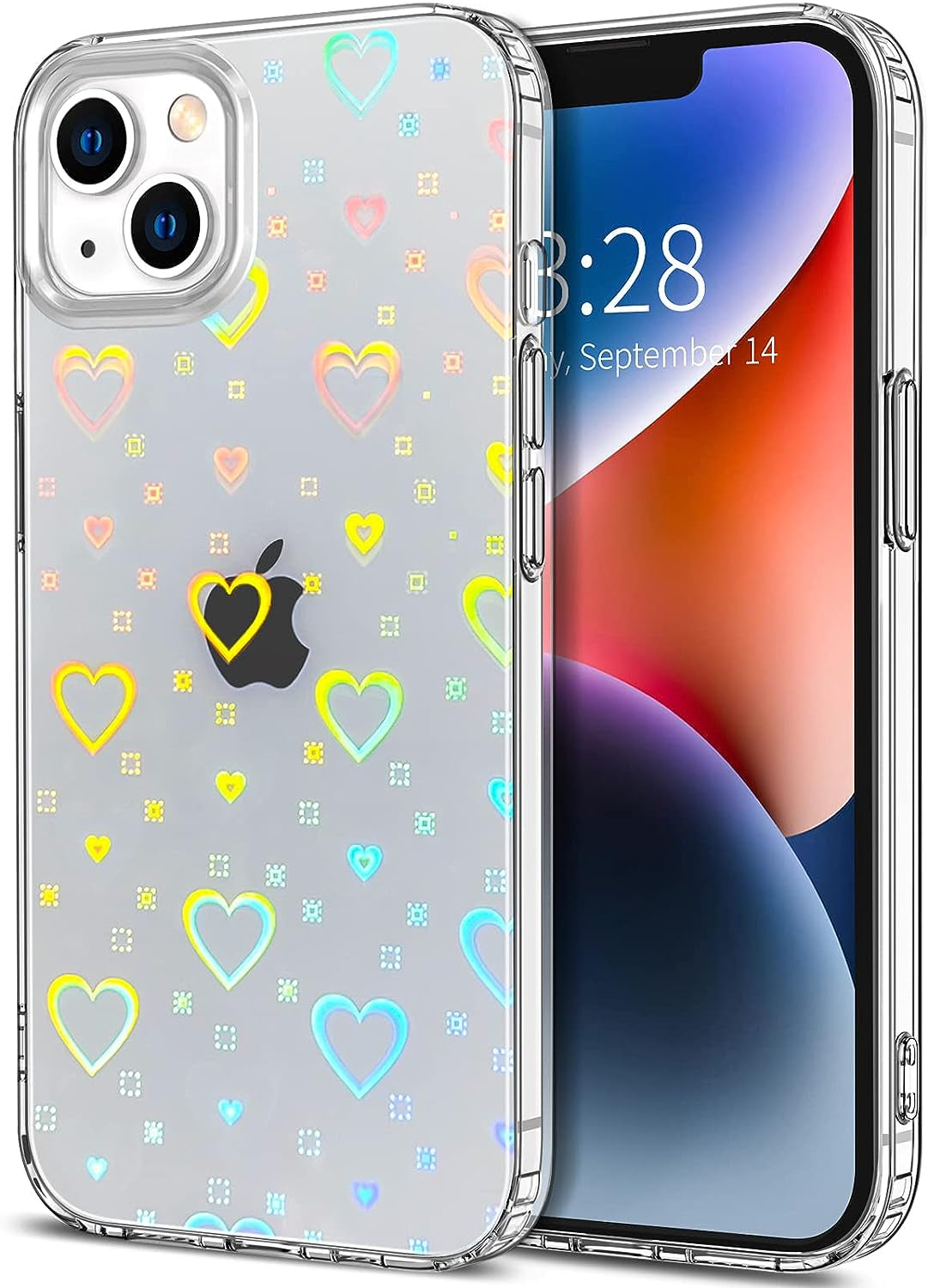 LOEV Compatible with Iphone 14 plus 6.7 Inch Clear Holographic Heart Phone Case, Laser Rainbow Love Heart Cute Pattern Design Phone Case Protective Shockproof Hard PC & Soft TPU Cover for Women Girl  LOEV   
