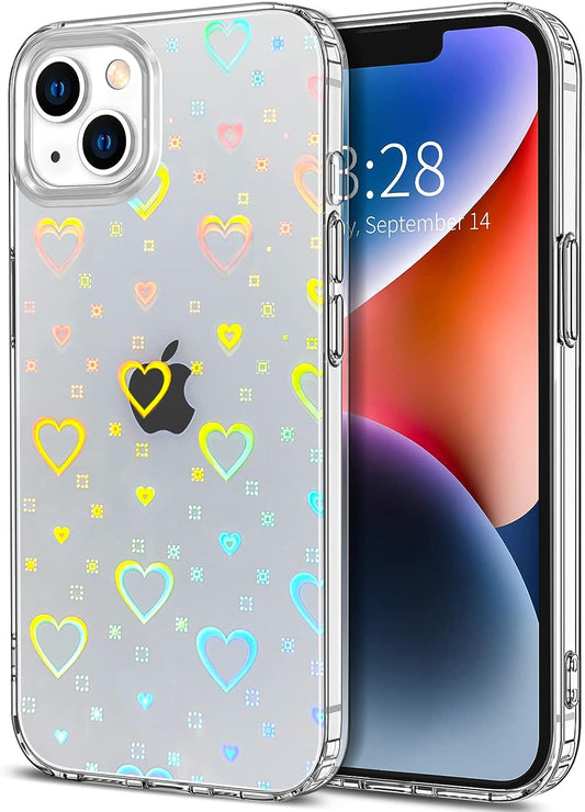 LOEV Compatible with Iphone 14 plus 6.7 Inch Clear Holographic Heart Phone Case, Laser Rainbow Love Heart Cute Pattern Design Phone Case Protective Shockproof Hard PC & Soft TPU Cover for Women Girl  LOEV   