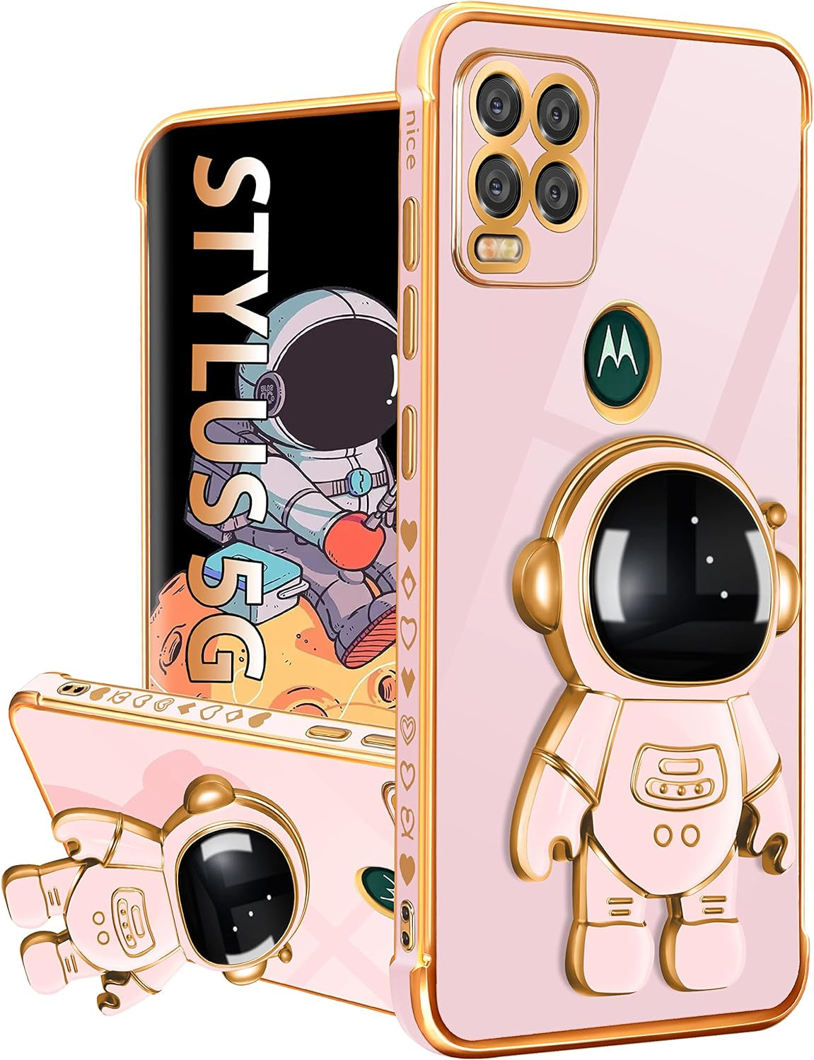 Buleens for Motorola Moto G Stylus 5G Case, Cute Heart Pattern 6D Gold Plating Astronaut Hidden Stand Phone Cases for Moto G Stylus 5G 2021 6.8 Inch-Black  Buleens Only For Moto G Stylus 5G 2021-Pink  