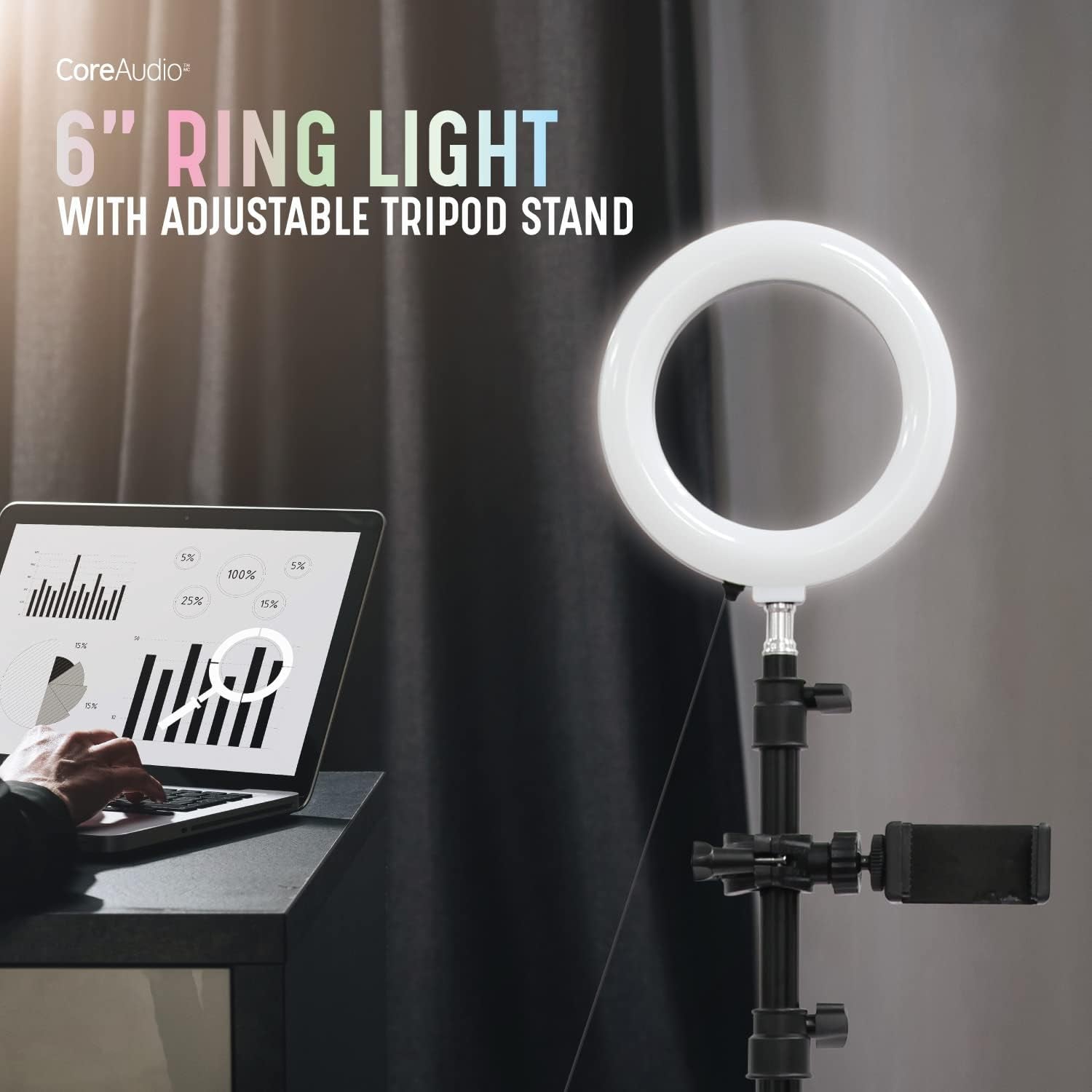 Coreaudio 6" Ring Light with Adjustable 5' Tripod Stand, LED Ring Selfie Light for Photography, Makeup, Vlogging, Photos, Video Recording, Tiktok, and Content Creator Essentials  iWorld LLC   