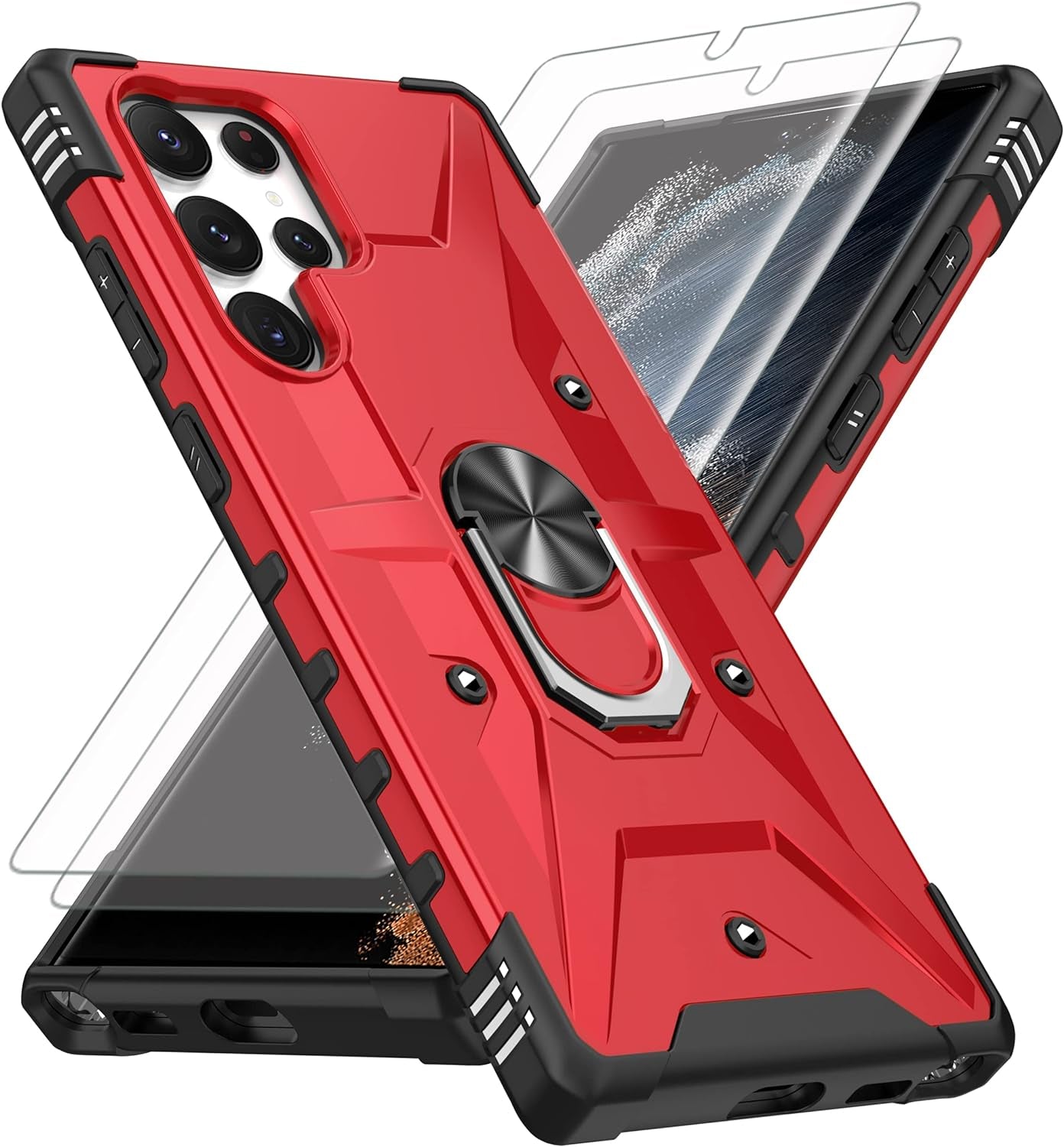 AKINIK for Samsung Galaxy S22 Ultra Case, S22 Ultra Case with Self Healing Flexible TPU Screen Protector [2 Pack], Military Grade with Kickstand Case for Galaxy S22 Ultra 5G-Red  AKINIK Wj- Red  