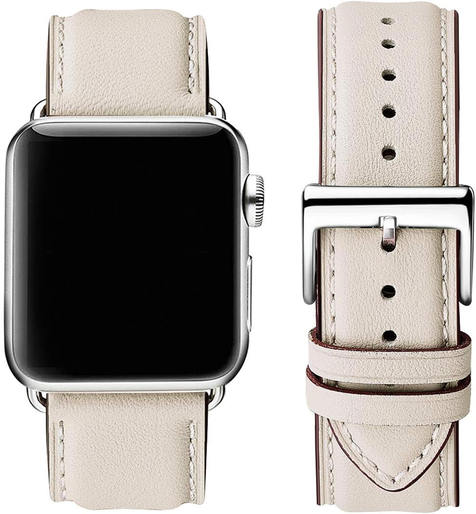 OMIU Square Bands Compatible with Apple Watch Band 38Mm 40Mm 41Mm 42Mm 44Mm 45Mm 49Mm, Genuine Leather Wristband Starp for Iwatch SE Series 8 7 6 5 4 3 2 1 Utral for Women Men(Ivory White/Rose Gold)  BestWayStore Ivory White/Silver 42mm 44mm 45mm 49mm 