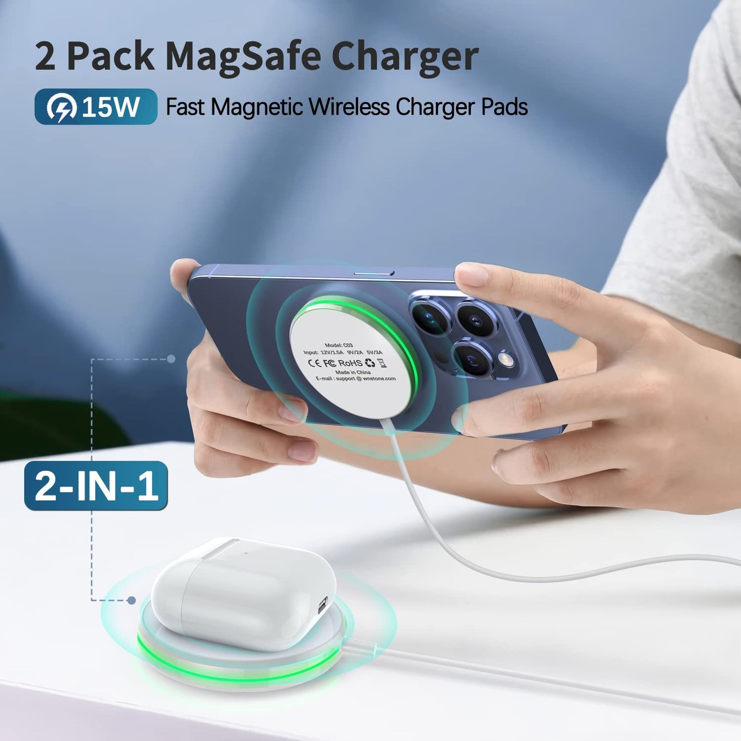 2 Pack Magnetic Wireless Charger 15W Fast Apple Mag-Safe Charger for Iphone 14/13/12 Series, Airpods 3/2/Pro with 5Ft Dual Charging Port Cable  UMEIJA   