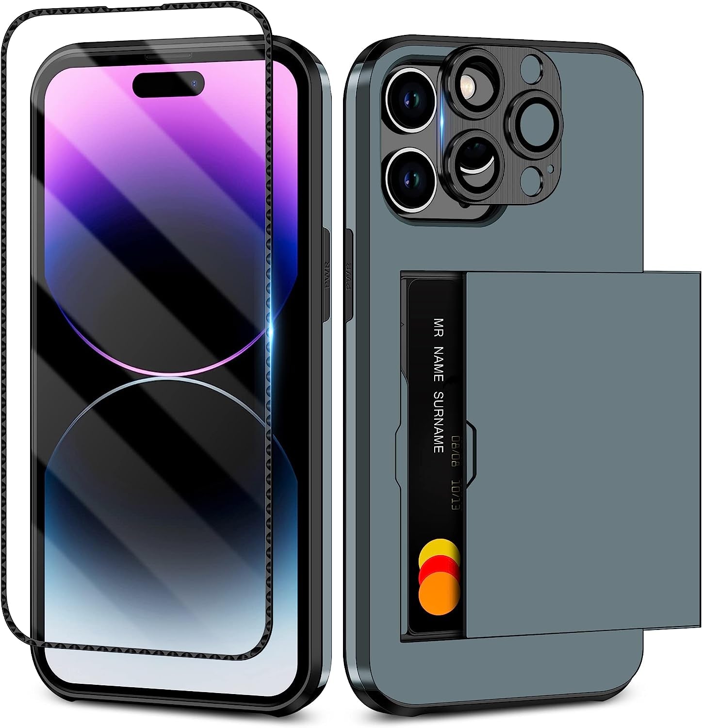 SAMONPOW for Iphone 14 Pro Case Wallet 4-In-1 Hybrid Iphone 14 Pro Protective Case with Card Holder & Screen Protector & Camera Cover Full Body Shockproof Bumper Cover Case for Iphone 14 Pro White  SAMONPOW Dark Blue  