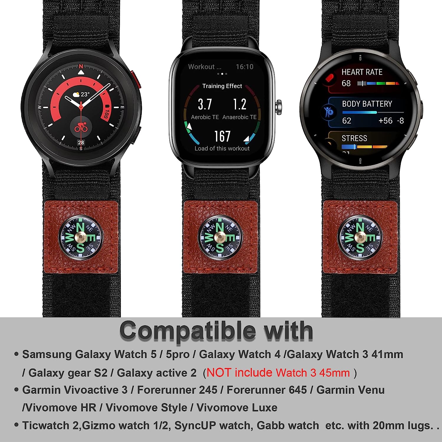Yeahxing Compass Band Compatible with Samsung Galaxy Watch 5 Pro 45Mm/ Watch 4 & 5 40Mm 44Mm/ Watch 4 Classic 42Mm 46Mm, 20Mm Rugged Nylon Woven Loop Compass Sports Quick Release Replacement Strap for Men Women  Yeahxing   