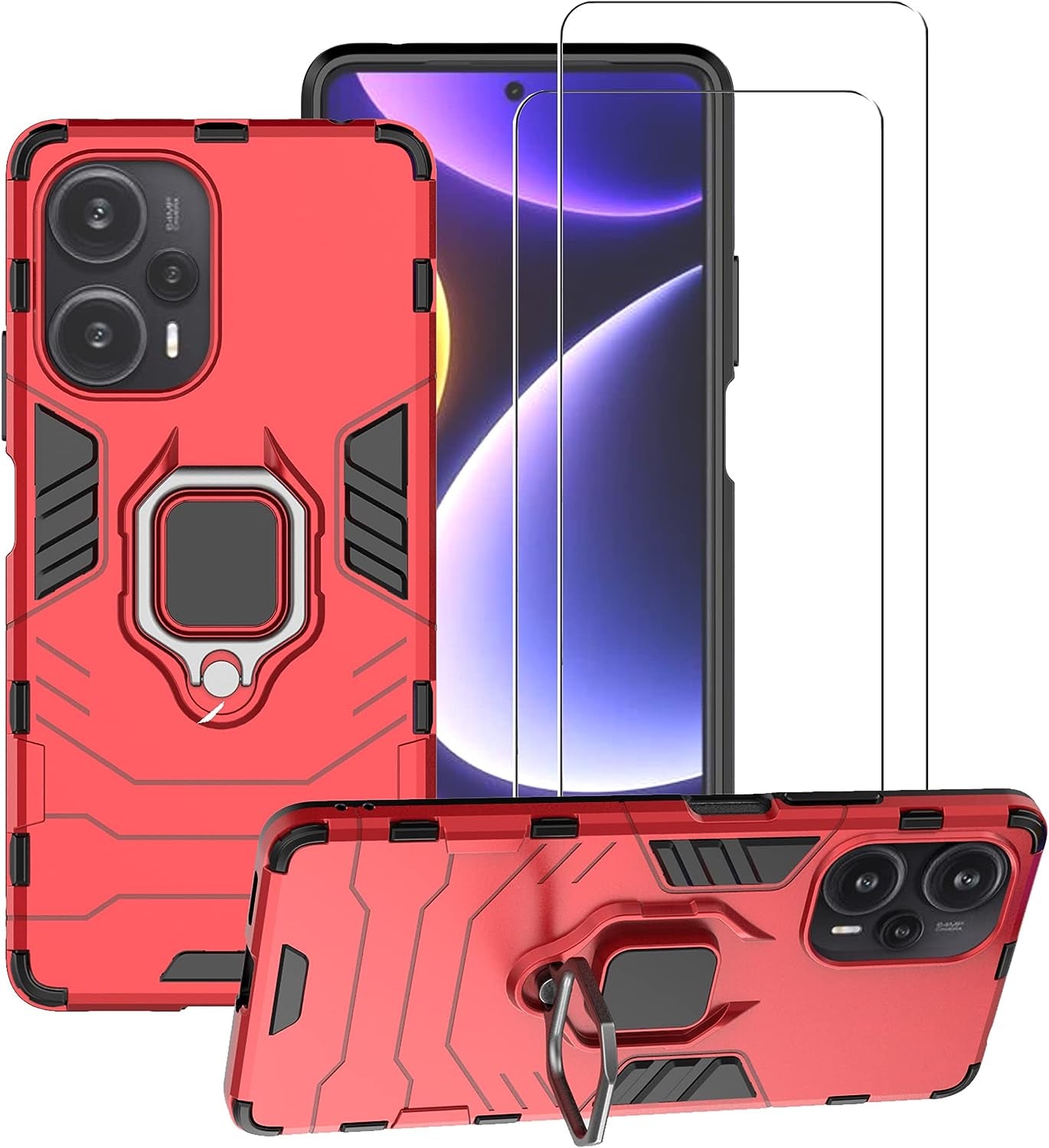 ZMONE Phone Case for Xiaomi Poco F5 5G Case with Glass Screen Protector [2 Pack] Heavy Duty Dual Layer Military Grade Shockproof Protective Cover with Magnetic Ring Kickstand - Red  Chengmi   