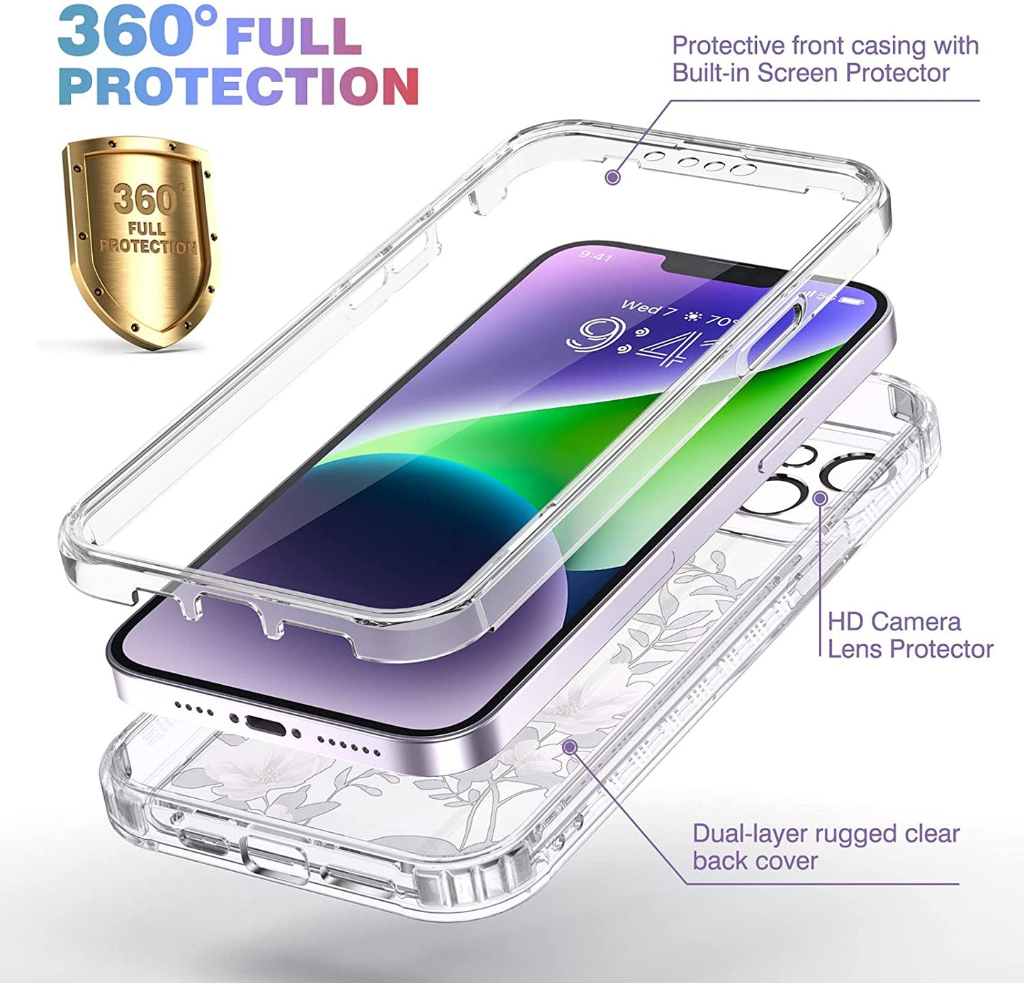 Diaclara Designed for Iphone 14 Case, Full Body Rugged Case with Built-In Touch Sensitive Anti-Scratch Screen Protector, with Camera Lens Protector for Iphone 14 6.1" (Camellia)  Diaclara   