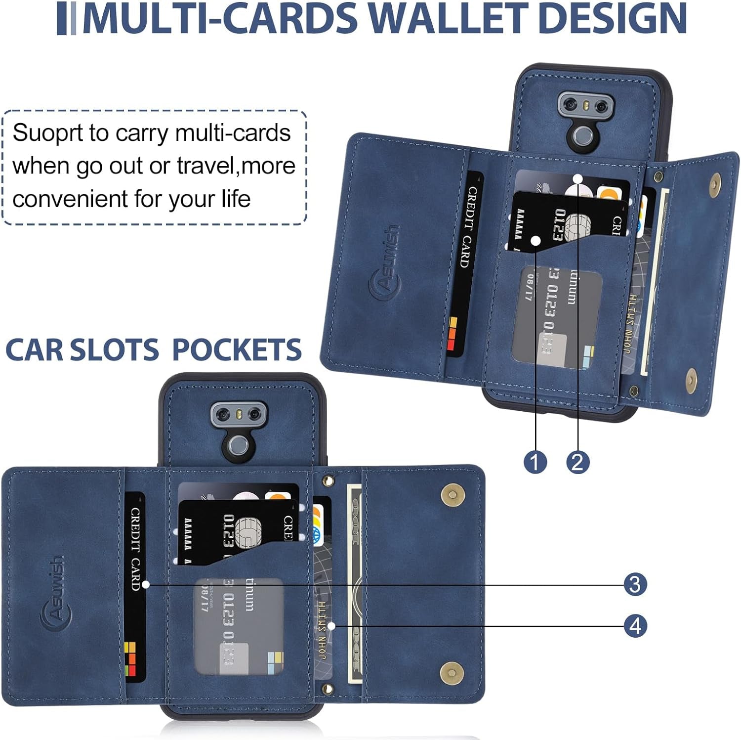 Asuwish Phone Case for LG G6 Wallet Cover with Tempered Glass Screen Protector and PU Leather Credit Card Holder Stand Cell Accessories LGG6 Thinq LG6 Thin Q G 6 plus G6+ 6G VS988 H872 Women Men Blue  Asuwish   