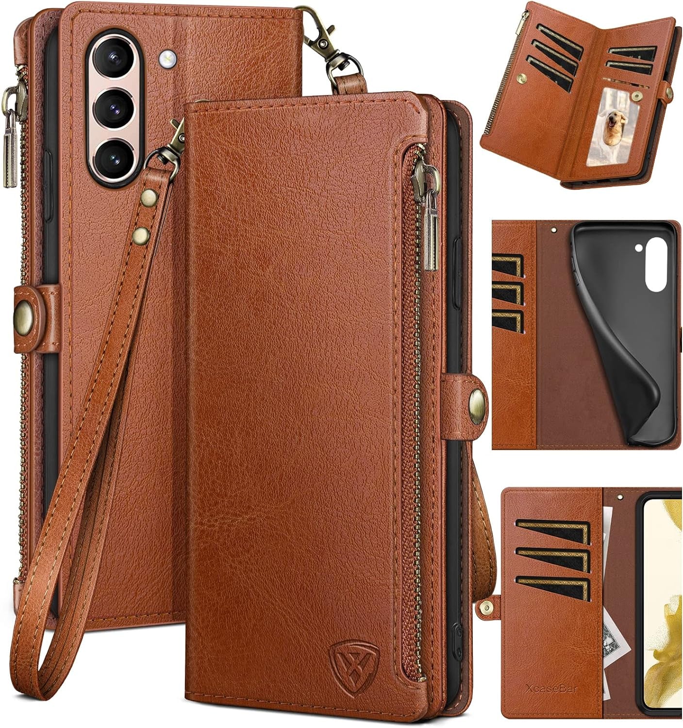 Xcasebar for Samsung Galaxy S21 Wallet Case with Zipper Credit Card Holder【Rfid Blocking】, Flip Folio Book PU Leather Phone Case Shockproof Cover Women Men for Samsung S21 Case Wine Red  XcaseBar Light Brown  