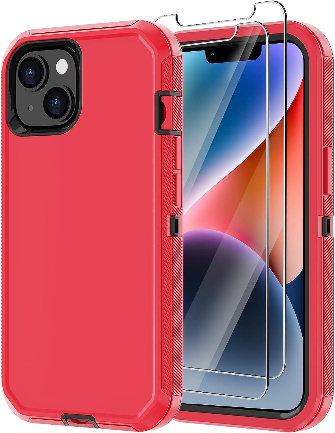 Annymall for Iphone 14 plus Case with 2 Screen Protector, Heavy Duty Drop Protection Shockproof Rugged 3-Layer Military Tough Durable Protective Cover for Apple Iphone 14 plus 6.7" (Black)  Annymall Red/Black  