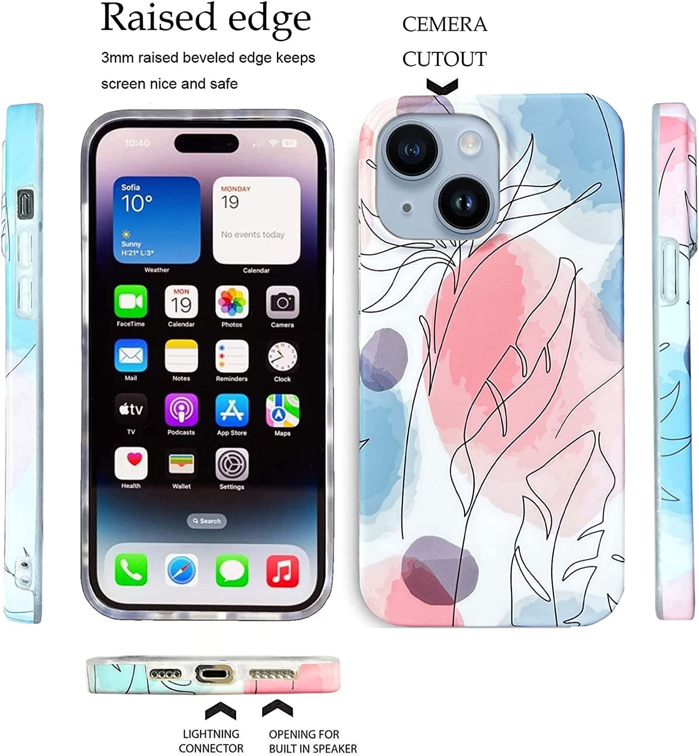 J.West Compatible with Iphone 14 Case 6.1" Cute Boho Style Leaf Soft Silicone Rubber Shockproof Cute Floral Pattern Design Slim Fit Anti-Scratch Phone Protective Case Cover for Women Girl Pink Blue  J.west   