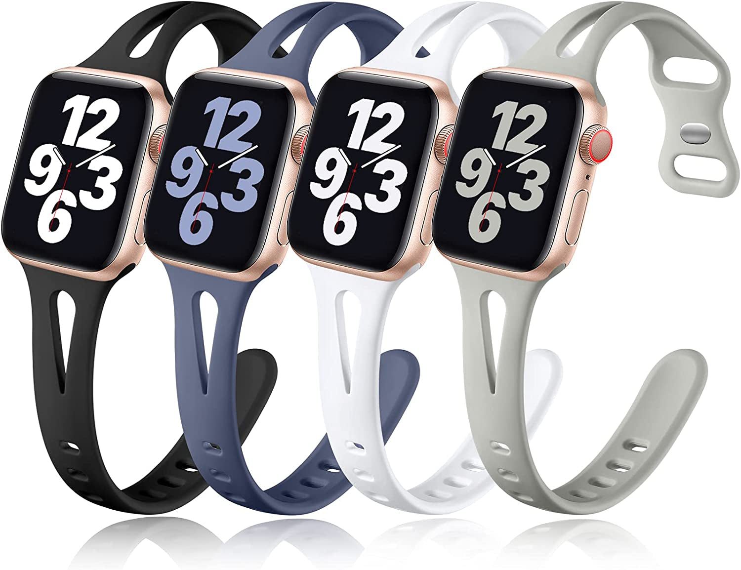 Getino Compatible with Apple Watch Band 40Mm 38Mm 41Mm Iwatch Series 8 7 6 5 4 3 2 1 SE for Women Men, Stylish Durable Silicone Slim Sport Watch Bands, 4 Pack, Cyan/Lake Blue/Starlight/Grayish Purple  Getino Black/White/Pebble Gray/Blue Gray 42mm/44mm/45mm/49mm 