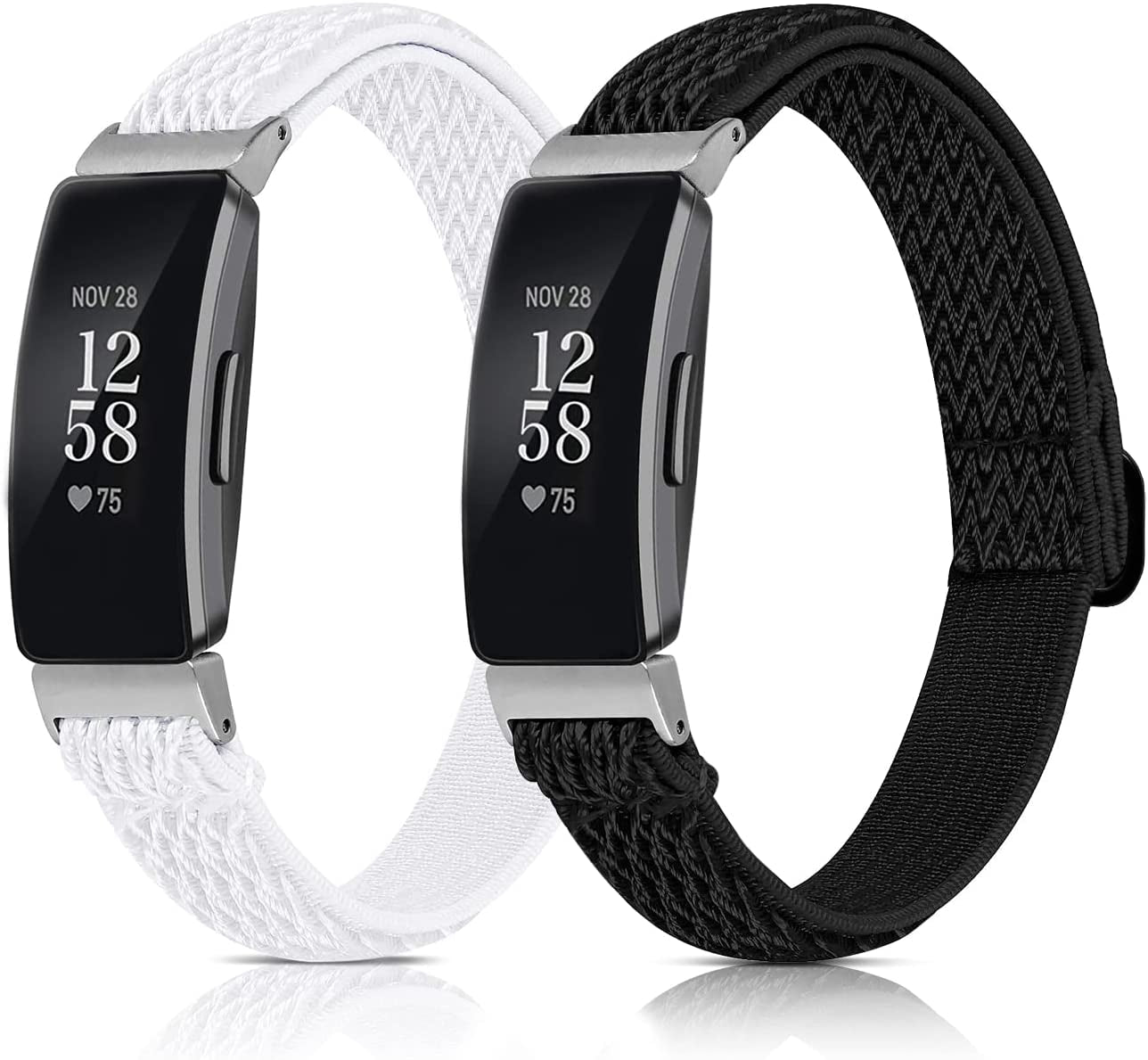 5 Pack Elastic Bands Compatible with Fitbit Inspire 2 / Inspire HR / Inspire / Ace 3 / Ace 2, Soft Loop Nylon Fabric Breathable Stretchy Replacement Straps Accessory Wristband for Women Men  POHNUI Black Ripple + White Pipple  