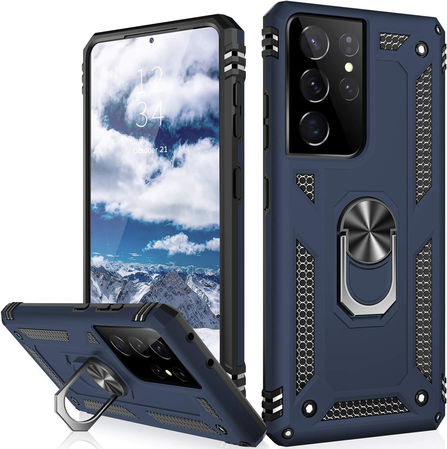 IKAZZ Galaxy S21 Ultra Case,Samsung S21 Ultra Cover Military Grade Shockproof Heavy Duty Protective Phone Case Pass 16Ft Drop Test with Magnetic Kickstand for Samsung Galaxy S21 Ultra Purple  IKAZZ Blue Galaxy S21 Ultra (Large 6.8") 