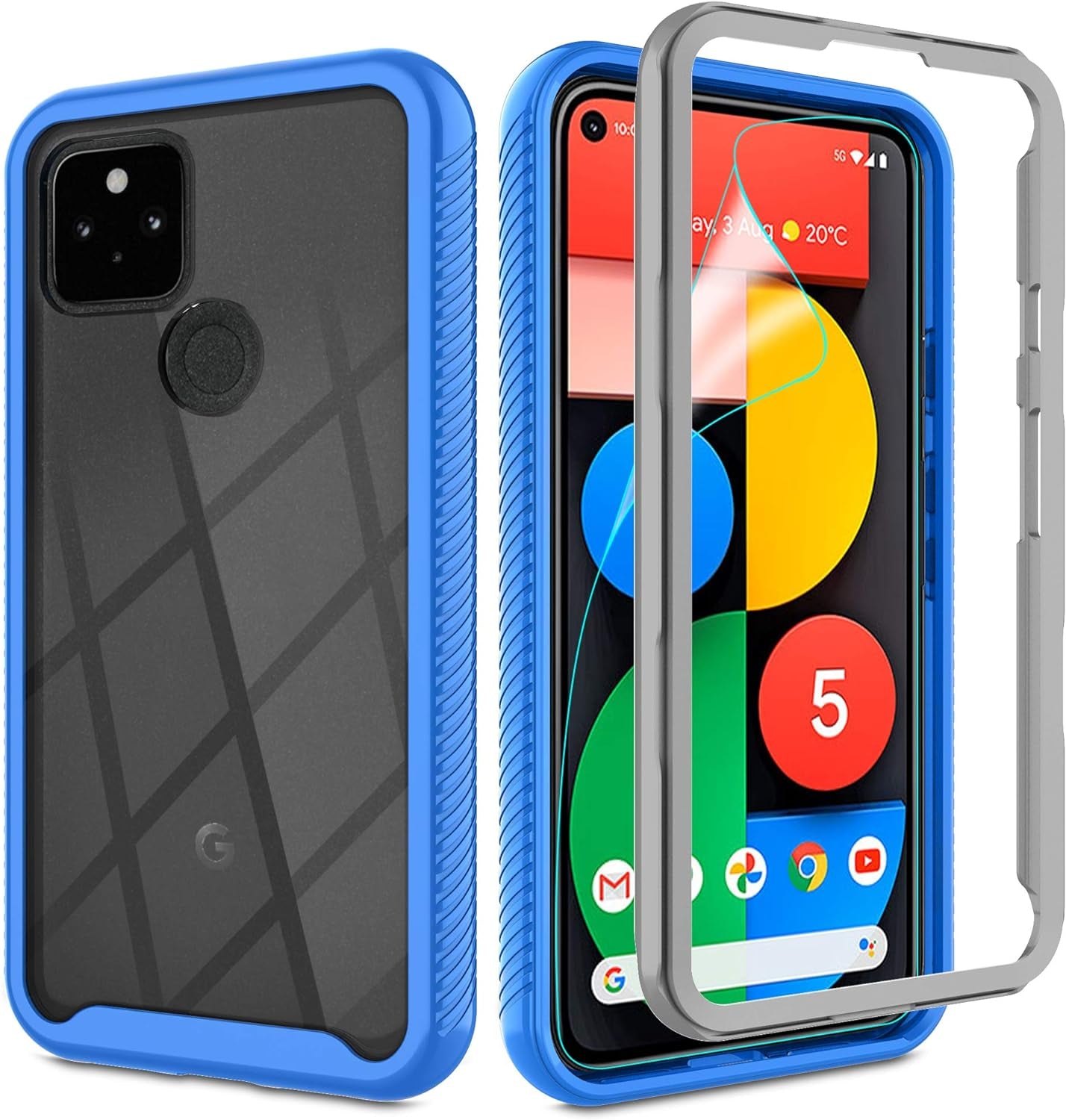 Google Pixel 5 Case,Pixel 5 Phone Case with HD Screen Protector,Gritup [Military Grade] Clear Crystal Shockproof Slim Fit Protective Case for Google Pixel 5 Blue  Gritup   