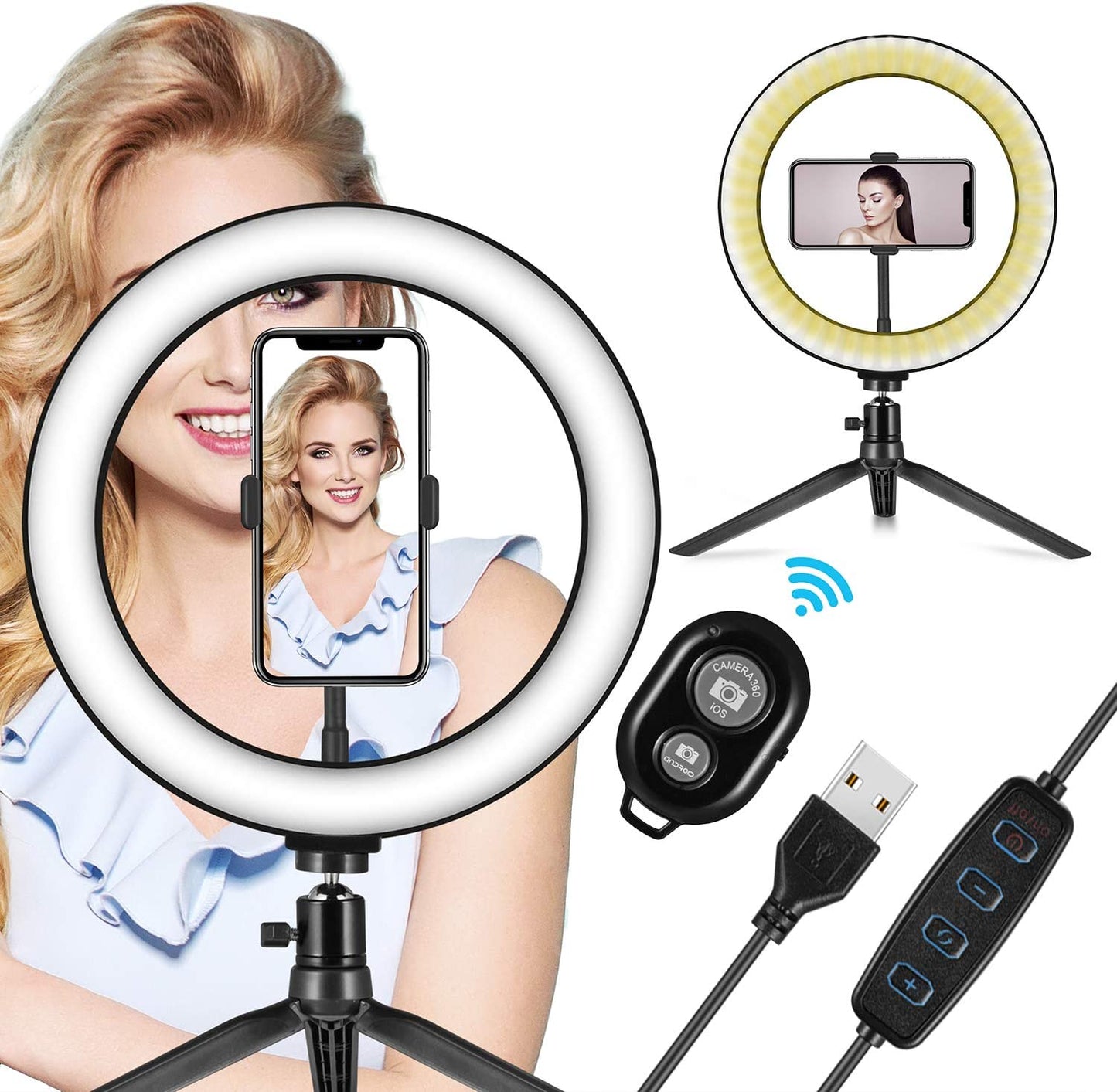 LED Ring Light 10" with Tripod Stand & Phone Holder - Dimmable Desk Makeup Ring Light for Youtube Video Live Stream Makeup Photography, USB Powered with 3 Light Modes & 10 Brightnes  CloudMi   