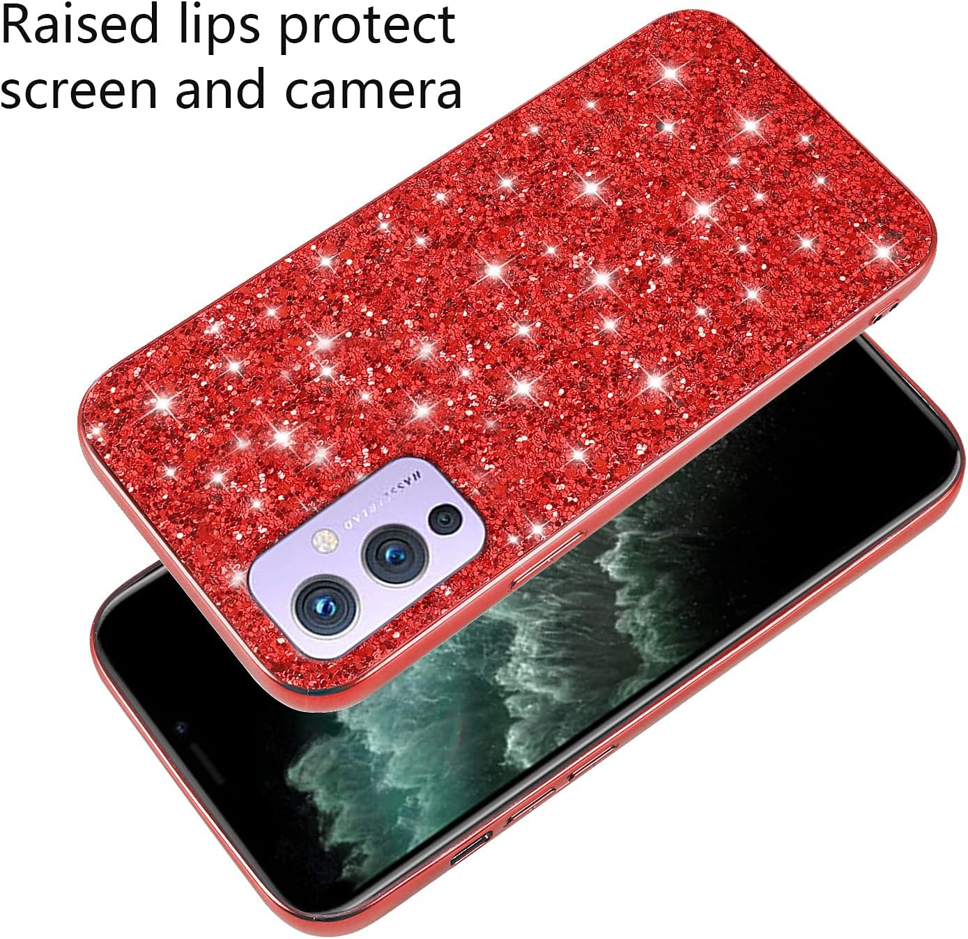Compatible with Oneplus 9 Case Glitter Shockproof,Oneplus 9 Phone Case Bling Sparkly Soft TPU and PC Silicone Shiny Girl Women Thin Protective Cover (Red)  Wousunly   