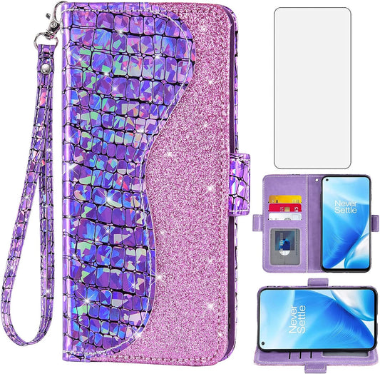 Asuwish Phone Case for Oneplus Nord N200 5G Wallet Cover with Screen Protector and Flip Card Holder Bling Glitter Stand Cell One plus N 200 G5 1 plus 200N 1Plus One+ 1+ N2005G 2021 Women Girls Purple  Asuwish Purple For Oneplus Nord N200 5G 