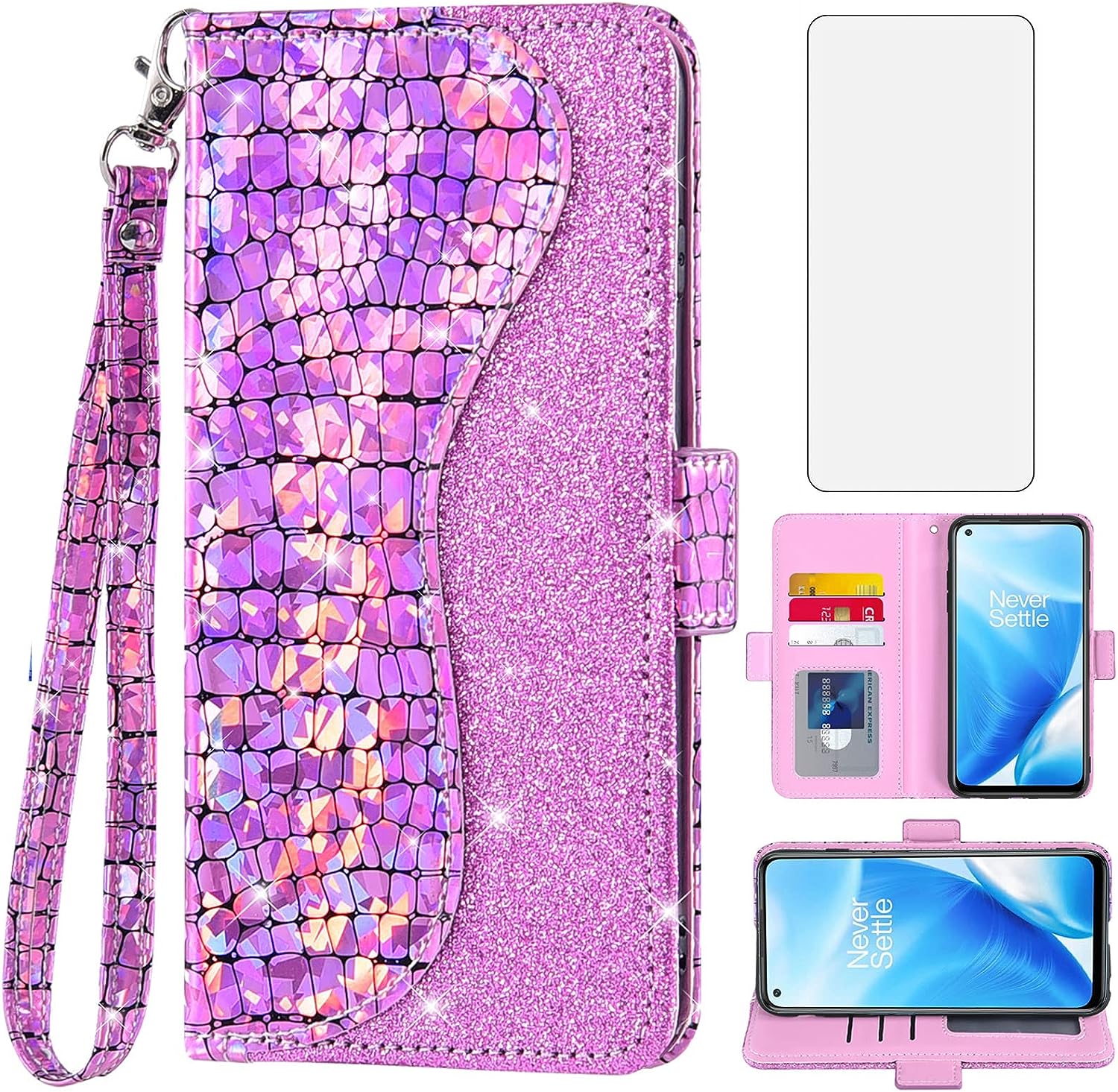 Asuwish Phone Case for Oneplus Nord N200 5G Wallet Cover with Screen Protector and Flip Card Holder Bling Glitter Stand Cell One plus N 200 G5 1 plus 200N 1Plus One+ 1+ N2005G 2021 Women Girls Purple  Asuwish Pink For Oneplus Nord N200 5G 