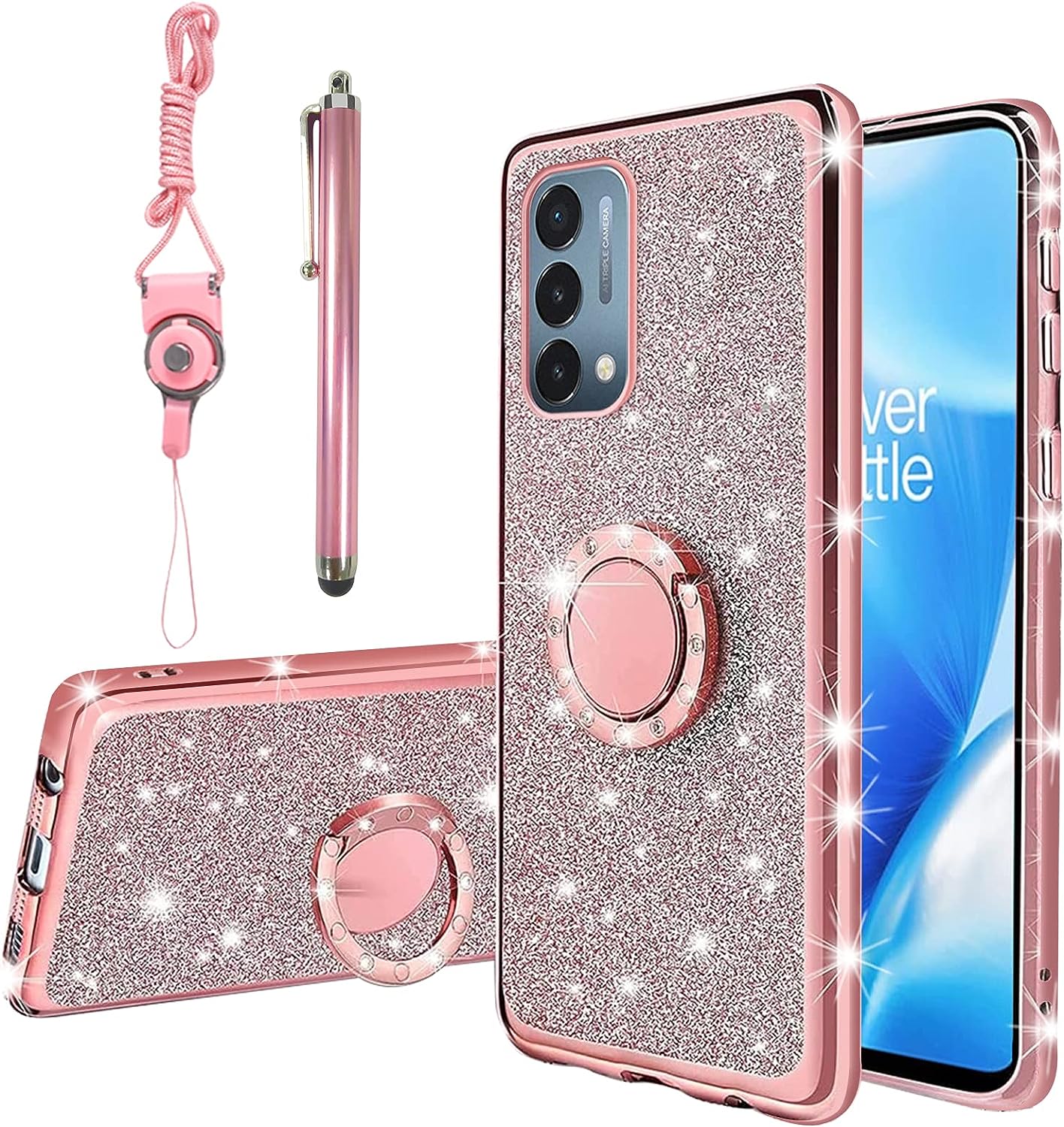 Kudini for Oneplus Nord N200 5G Case for Women Glitter Crystal Soft TPU Bling Cute Butterfly Heart Floral Clear Protective Cover with Ring Kickstand+Strap for Oneplus Nord N200 5G (Rose Gold)  KuDiNi Glitter Rose  