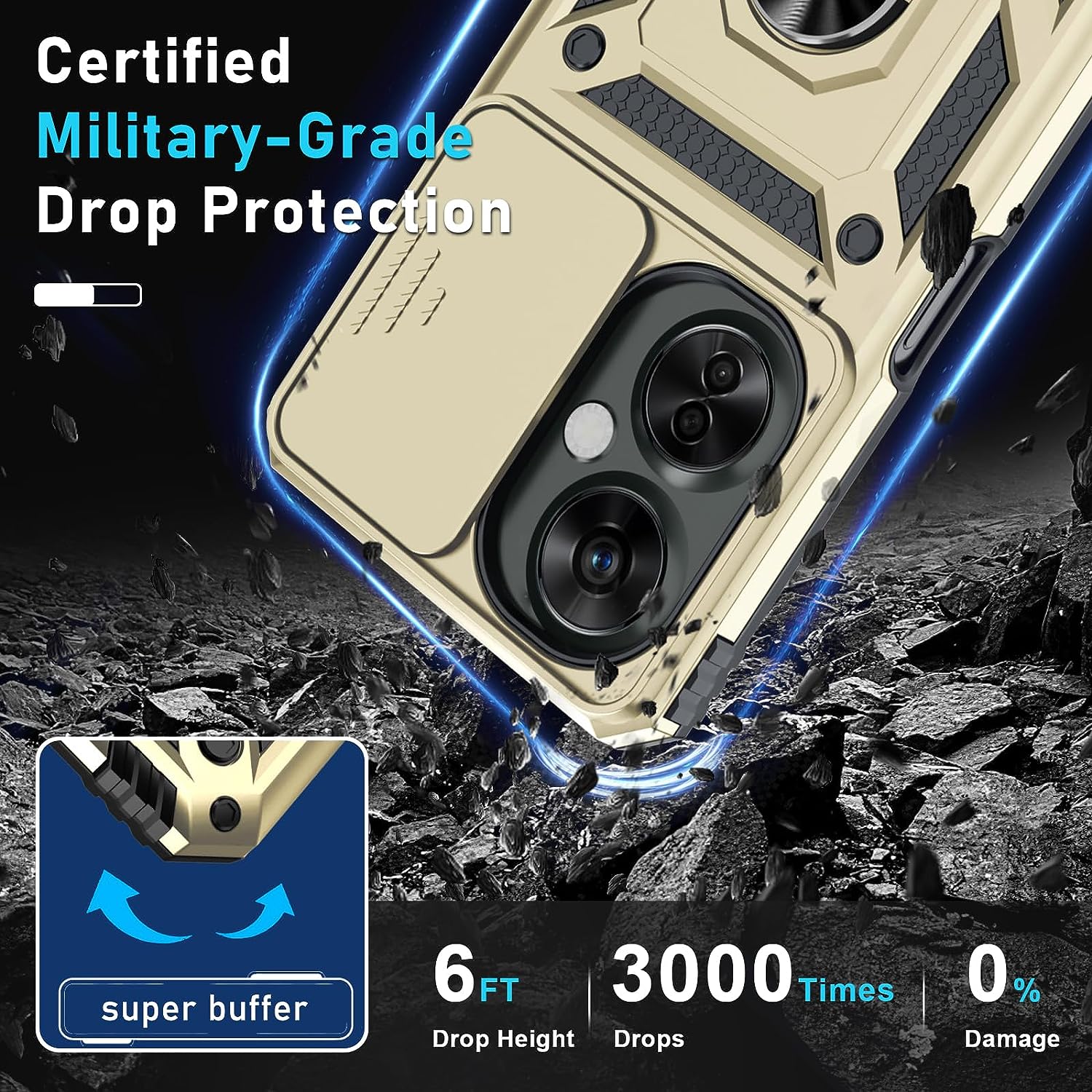 Janmitta Oneplus Nord N30 5G Case Built in Slide Camera Lens Cover+Screen Protector+Finger Ring Holder Kickstand,Heavy Duty Shockproof Full Body Protective Phone Cover,2023 Gold  Janmitta   