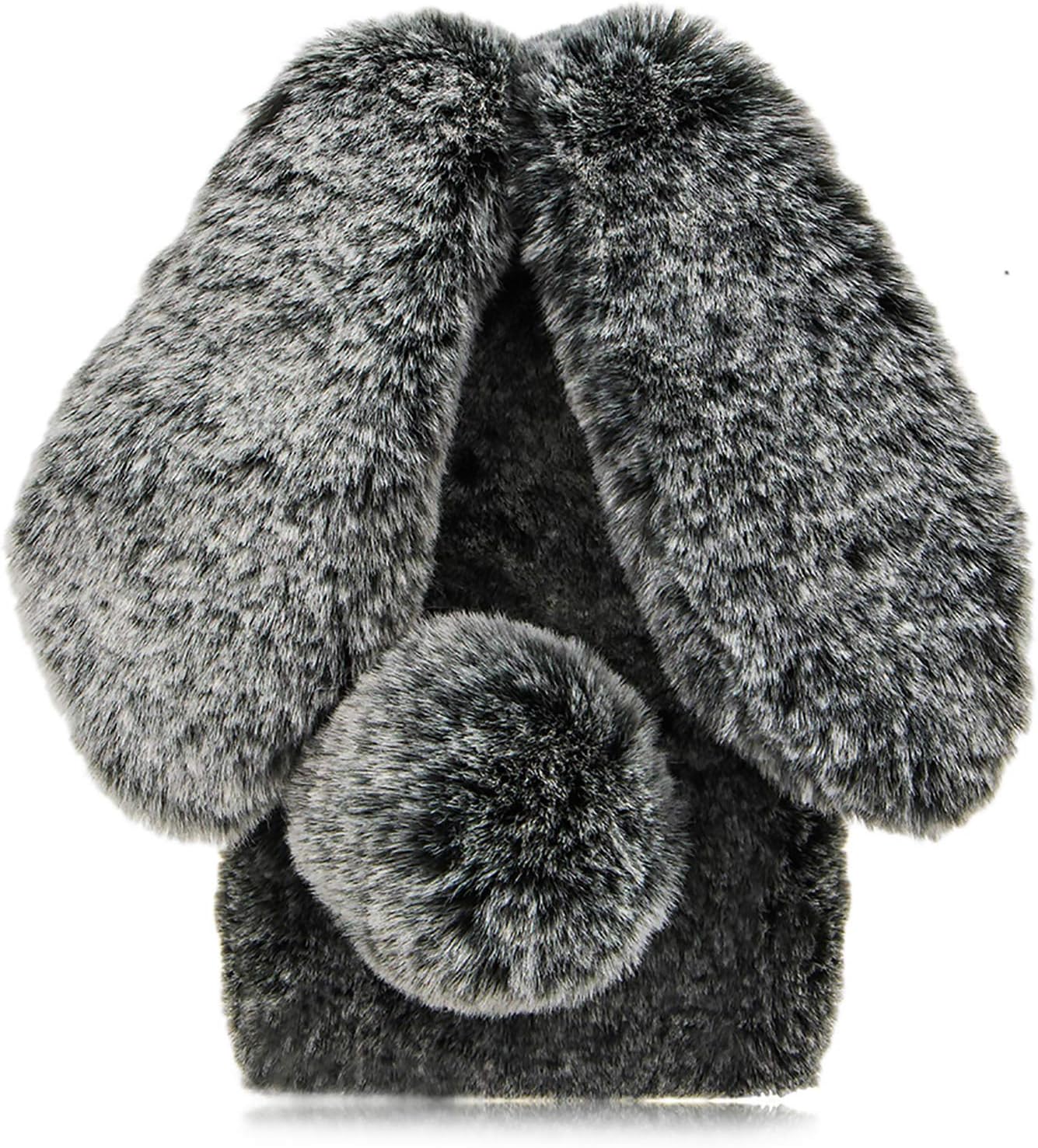 LCHDA Rabbit Case for Oneplus Nord N200 5G, Cute 3D Bunny Ears Soft Furry Hairball Fuzzy Warm Winter Faux Fur Plush Fluffy Flexible TPU Bumper Women Girls Protective Skin Cover - Black  LCHDA   