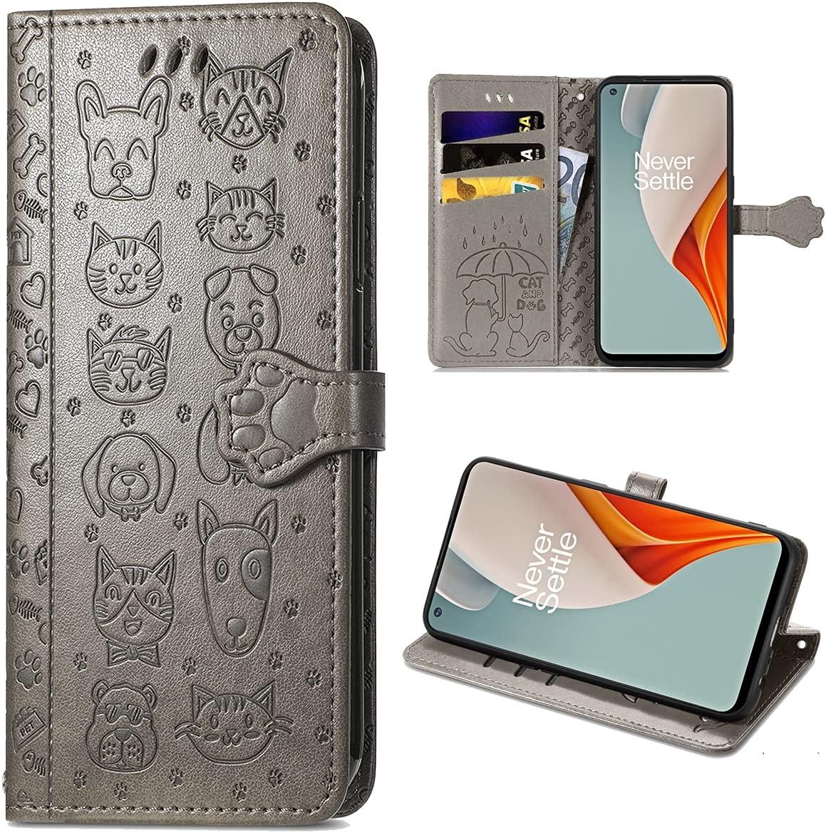 Ccsmall Oneplus Nord N200 Cartoon Girl Wallet Case,Kawaii Cat Dog Style Flip Phone Cover with ID Card Holder & Kickstand PU Leather Magnetic Clasp Case for Oneplus Nord N200 MG Green  CCSmall Grey  