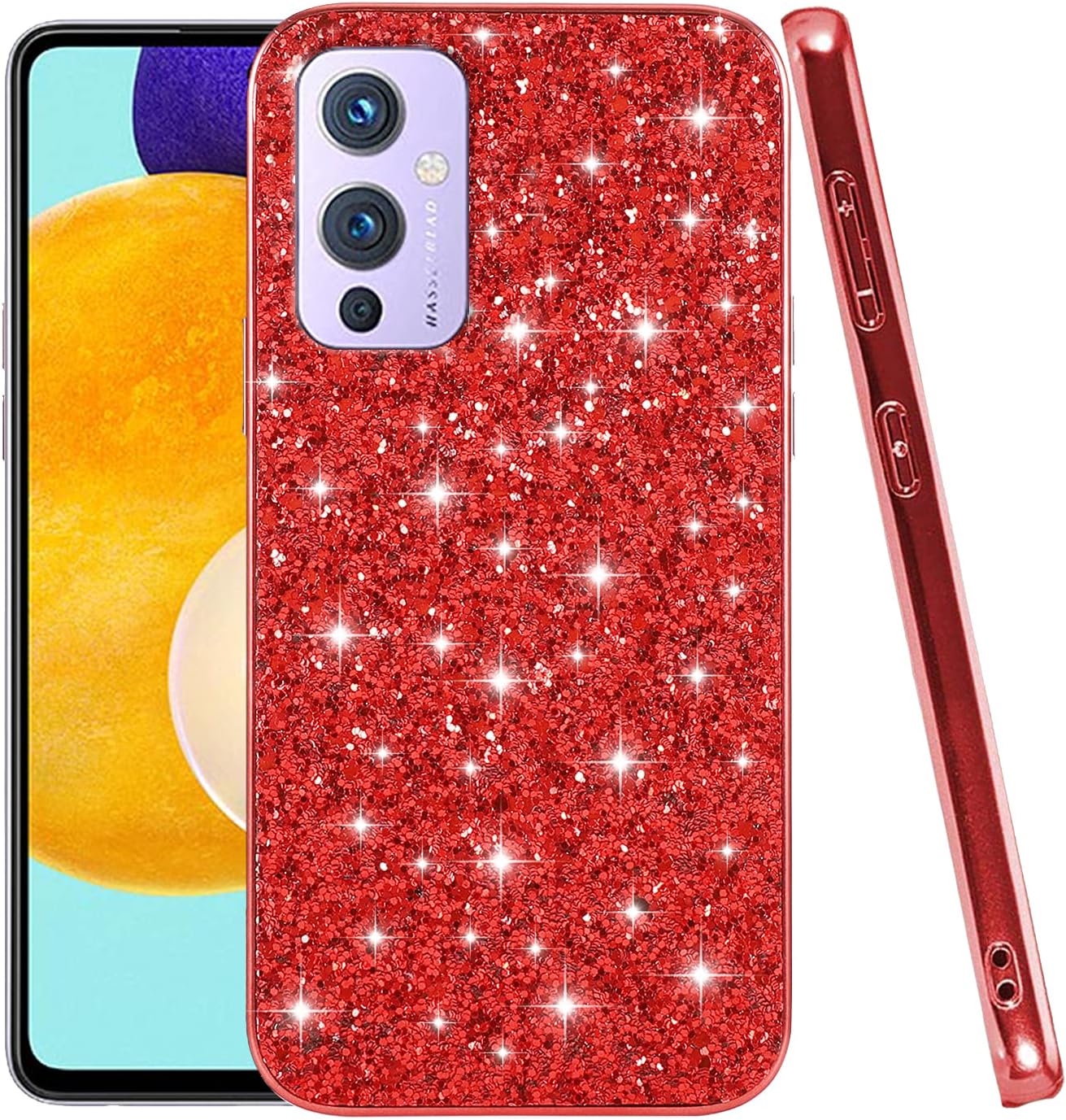 Compatible with Oneplus 9 Case Glitter Shockproof,Oneplus 9 Phone Case Bling Sparkly Soft TPU and PC Silicone Shiny Girl Women Thin Protective Cover (Red)  Wousunly Red  