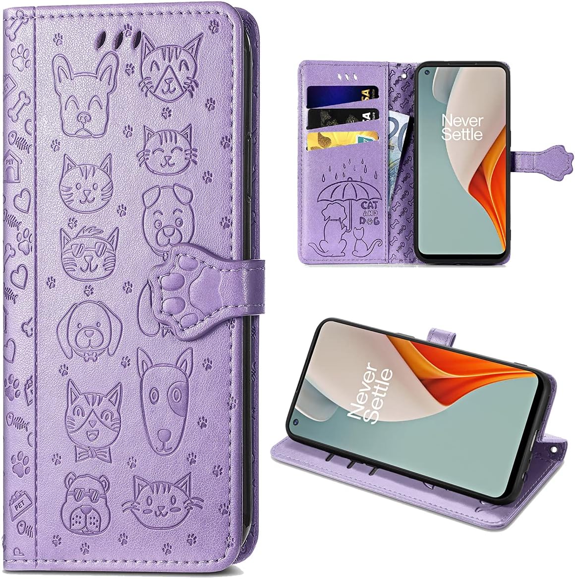 Ccsmall Oneplus Nord N200 Cartoon Girl Wallet Case,Kawaii Cat Dog Style Flip Phone Cover with ID Card Holder & Kickstand PU Leather Magnetic Clasp Case for Oneplus Nord N200 MG Purple  CCSmall Purple  