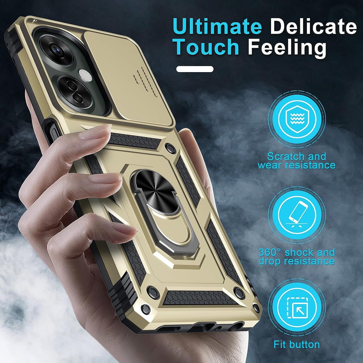 Janmitta Oneplus Nord N30 5G Case Built in Slide Camera Lens Cover+Screen Protector+Finger Ring Holder Kickstand,Heavy Duty Shockproof Full Body Protective Phone Cover,2023 Gold  Janmitta   