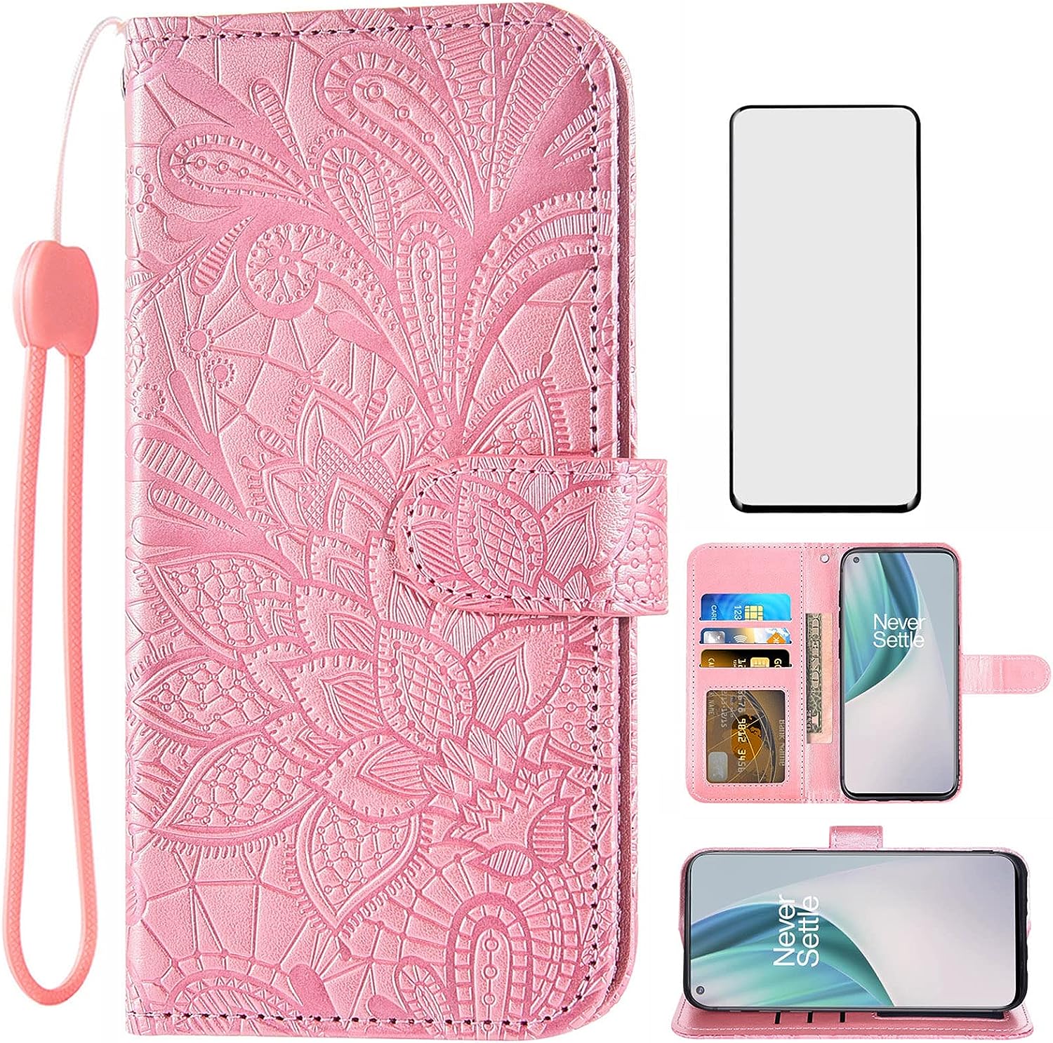 Asuwish Phone Case for Oneplus Nord N200 5G with Screen Protector and Lace Wallet Cover Flip Card Holder Stand Cell Accessories One plus N 200 G5 1 plus 200N 1Plus One+ 1+ N2005G 2021 Women Men Blue  Asuwish Rose Gold  