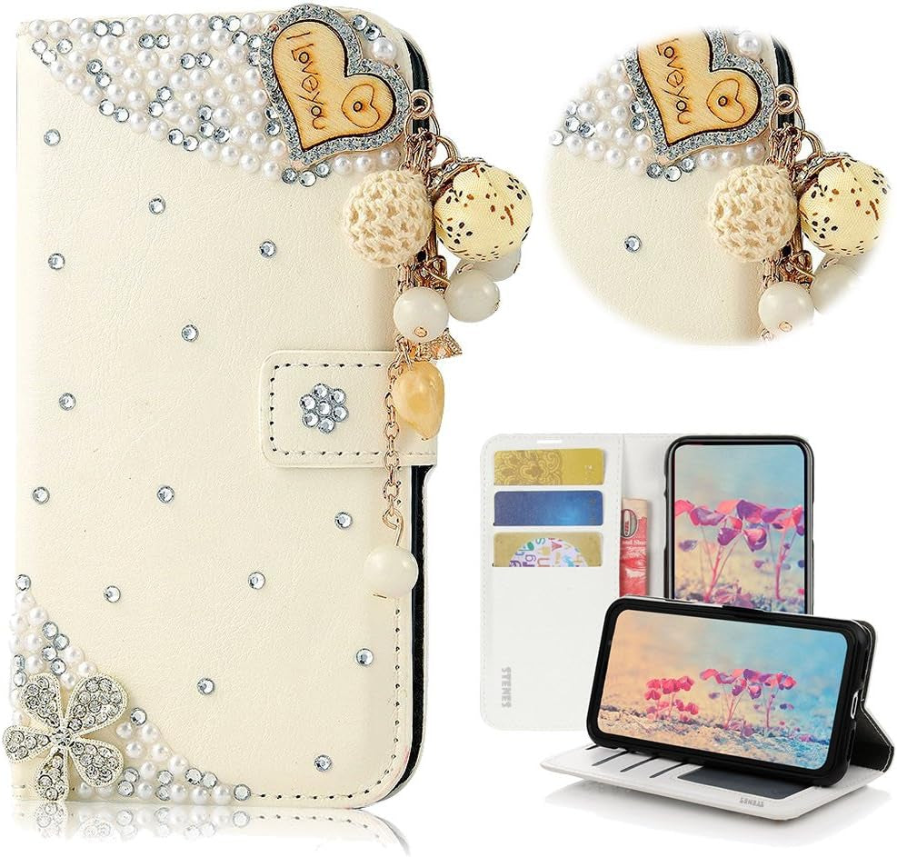STENES LG G6 Case, LG G6 plus Case - STYLISH - 3D Handmade Bling Crystal Rose Heart Pendant Flowers Wallet Credit Card Slots Fold Stand Leather Cover Case for LG G6/LG G6 plus - White  STENES Heart Pendant Flowers / White  
