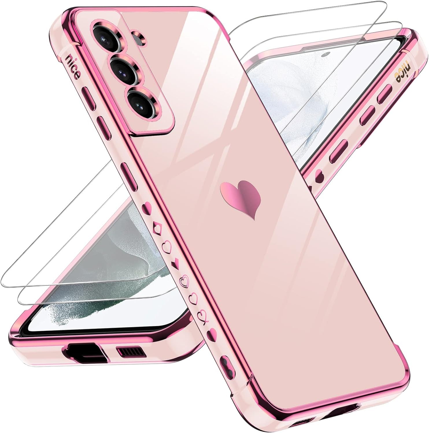 Leyi for Galaxy- S21 FE 5G- Case: Screen Protector [2 Pcs]+ Full Camera Protection, Love Heart Plating Girly Women Cute Luxury Soft TPU Case for Samsung Galaxy S21 FE, Black  LeYi Pink  