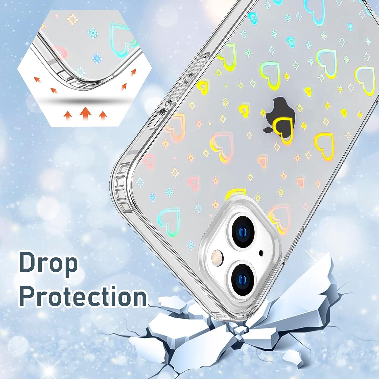 LOEV Compatible with Iphone 14 plus 6.7 Inch Clear Holographic Heart Phone Case, Laser Rainbow Love Heart Cute Pattern Design Phone Case Protective Shockproof Hard PC & Soft TPU Cover for Women Girl  LOEV   