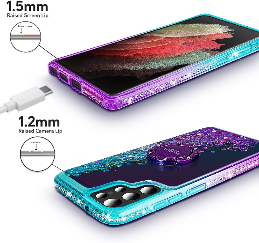 Silverback for Samsung Galaxy S22 Ultra Case, Moving Liquid Holographic Sparkle Glitter Case with Kickstand, Girls Women Bling Diamond Ring Slim Protective Case for Galaxy S22 Ultra 5G, Purple  Silverback inc   