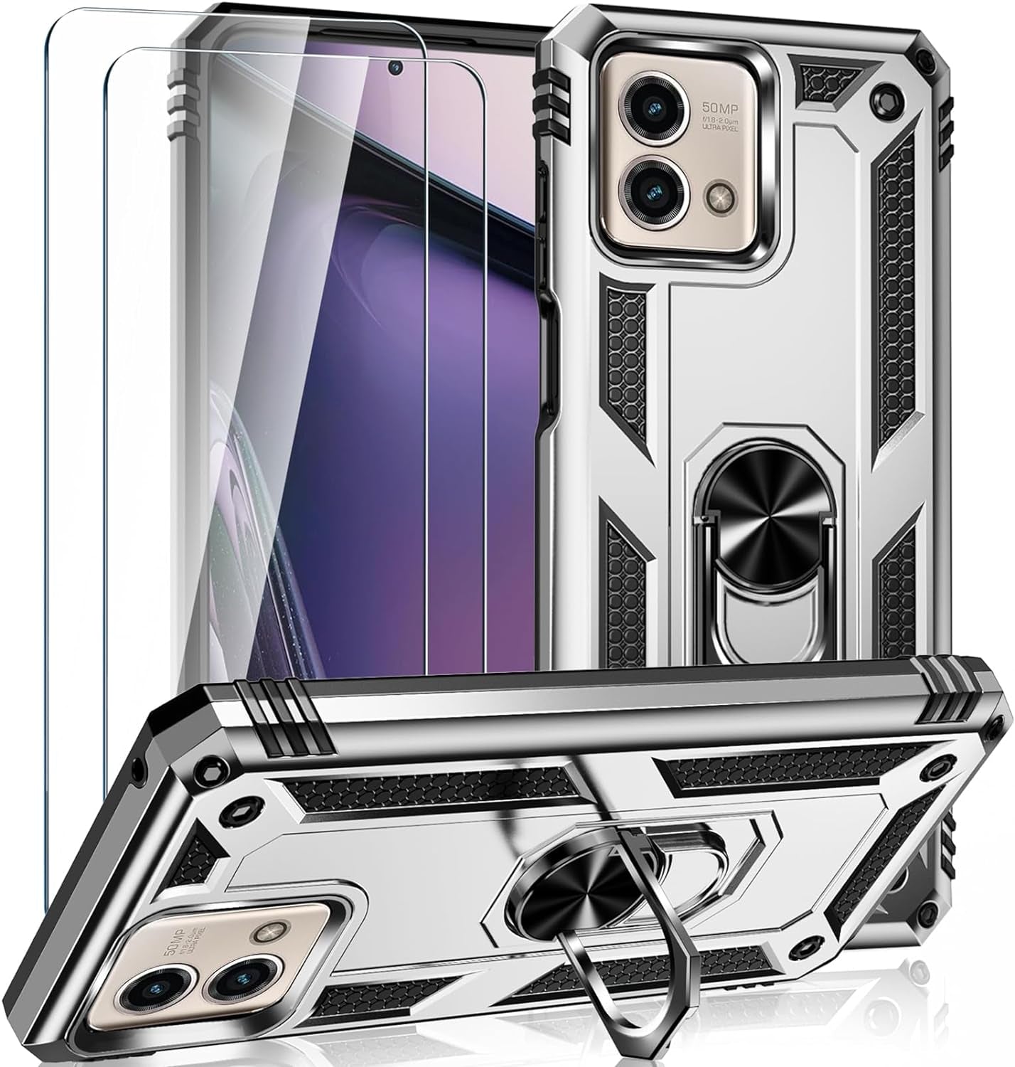 For Motorola Moto G Stylus 5G 2023 Case with 2 Pcs Tempered Glass Screen Protector, [Military-Grade] Rugged Heavy Duty Shockproof Phone Case Cover with Kickstand for Moto G Stylus 5G 2023, Black  Steuscey Silver  