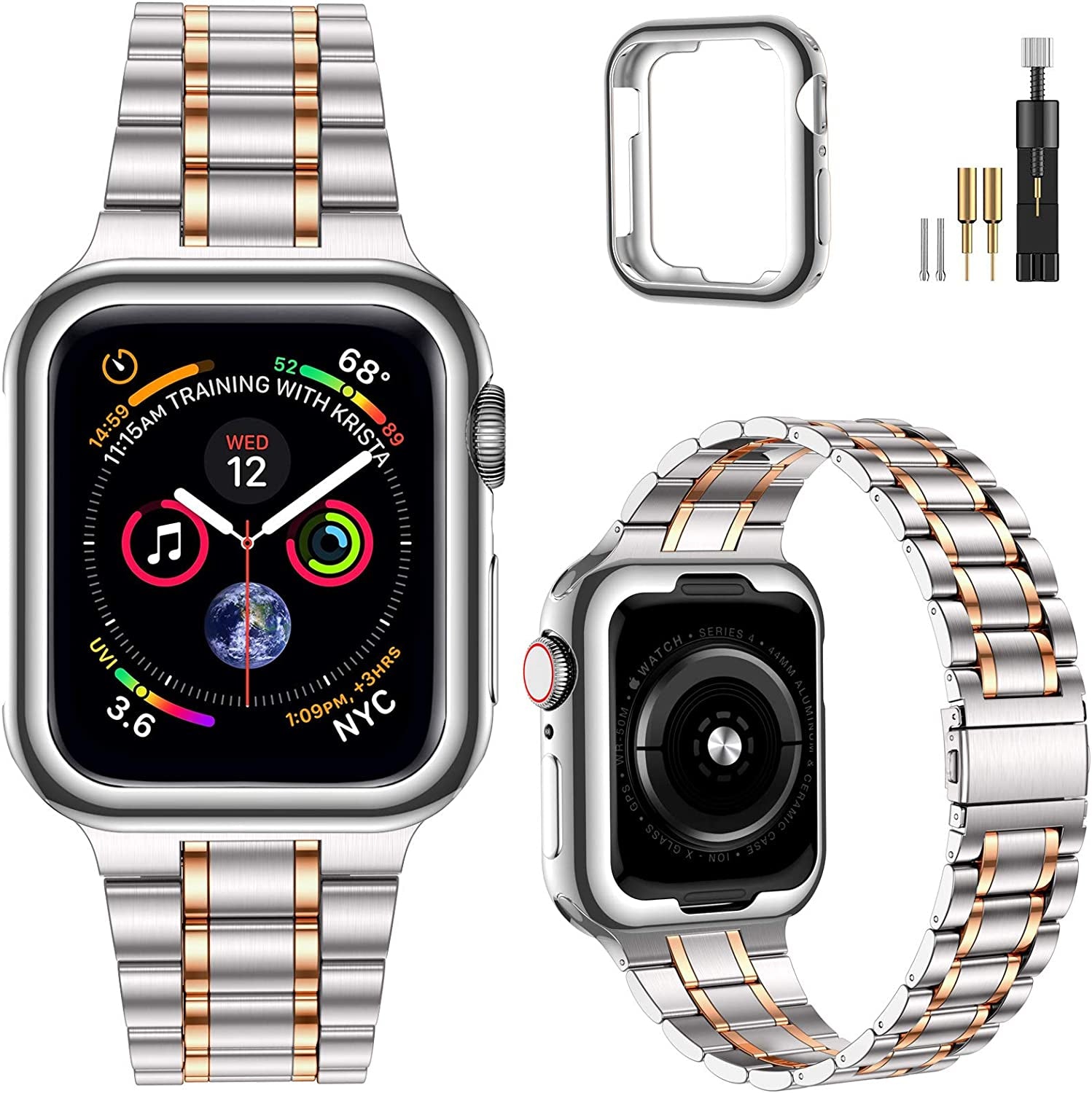 Miohhr Solid Stainless Steel Band Compatible with Apple Watch 49Mm 45Mm 44Mm 42Mm 41Mm 40Mm 38Mm, Metal Strap for Iwatch Series Ultra 8 7 6 5 4 3 2 1 SE Women and Men  MioHHR Silver/Rose Gold 41 mm(Series 8/7) 